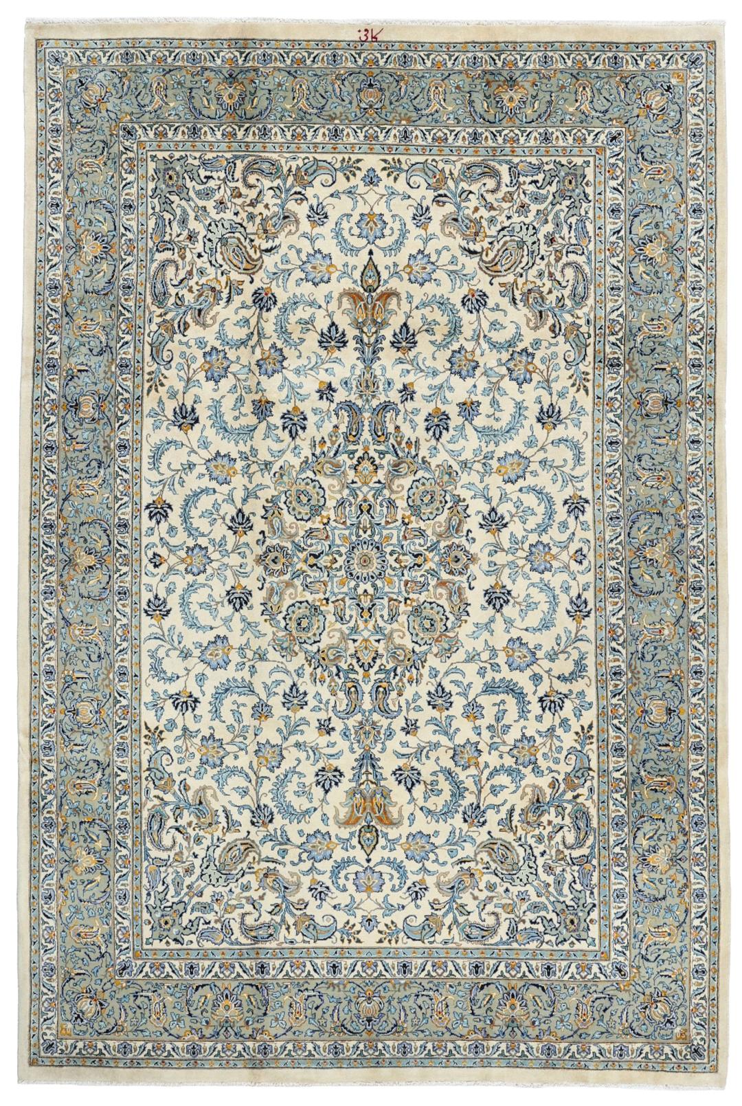 Handgeknoopt Mashad-tapijt uit het Midden-Oosten in blauwe en beige tinten