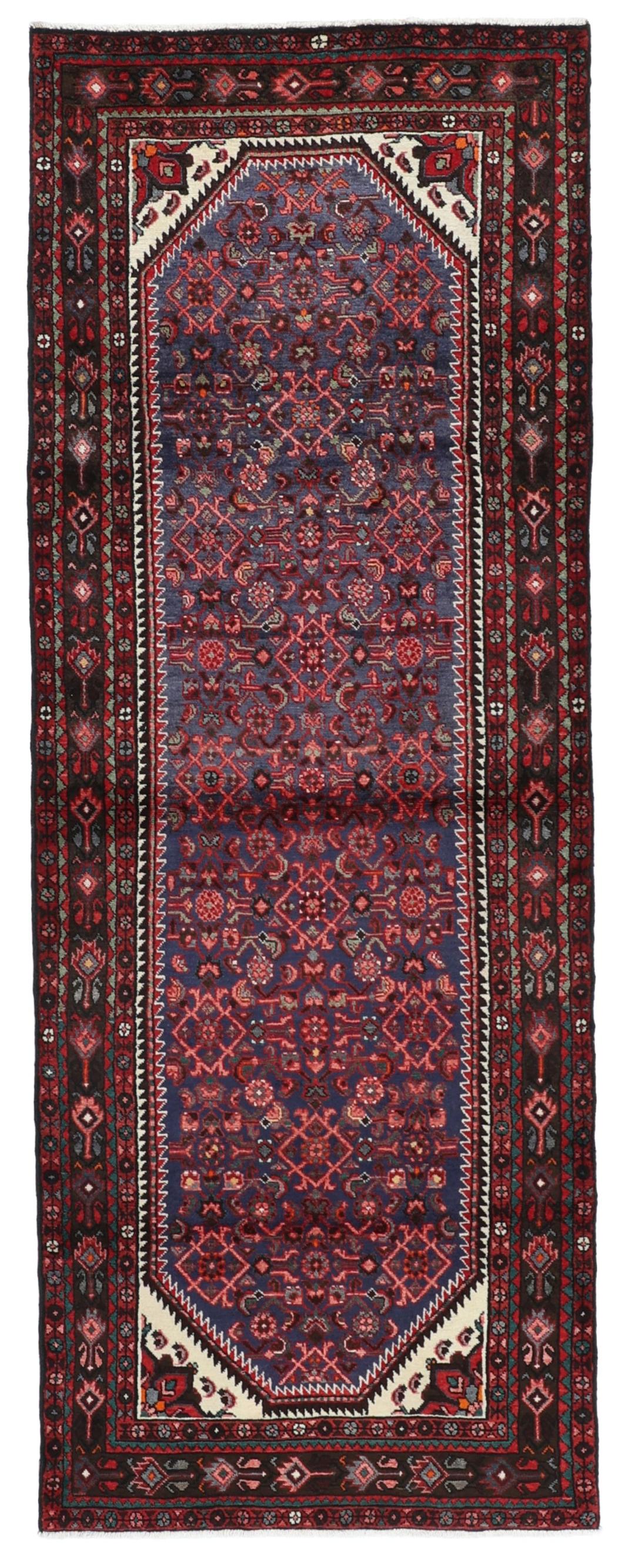 Håndknyttet Hosseinabad løber med blåt felt og traditionelle motiver