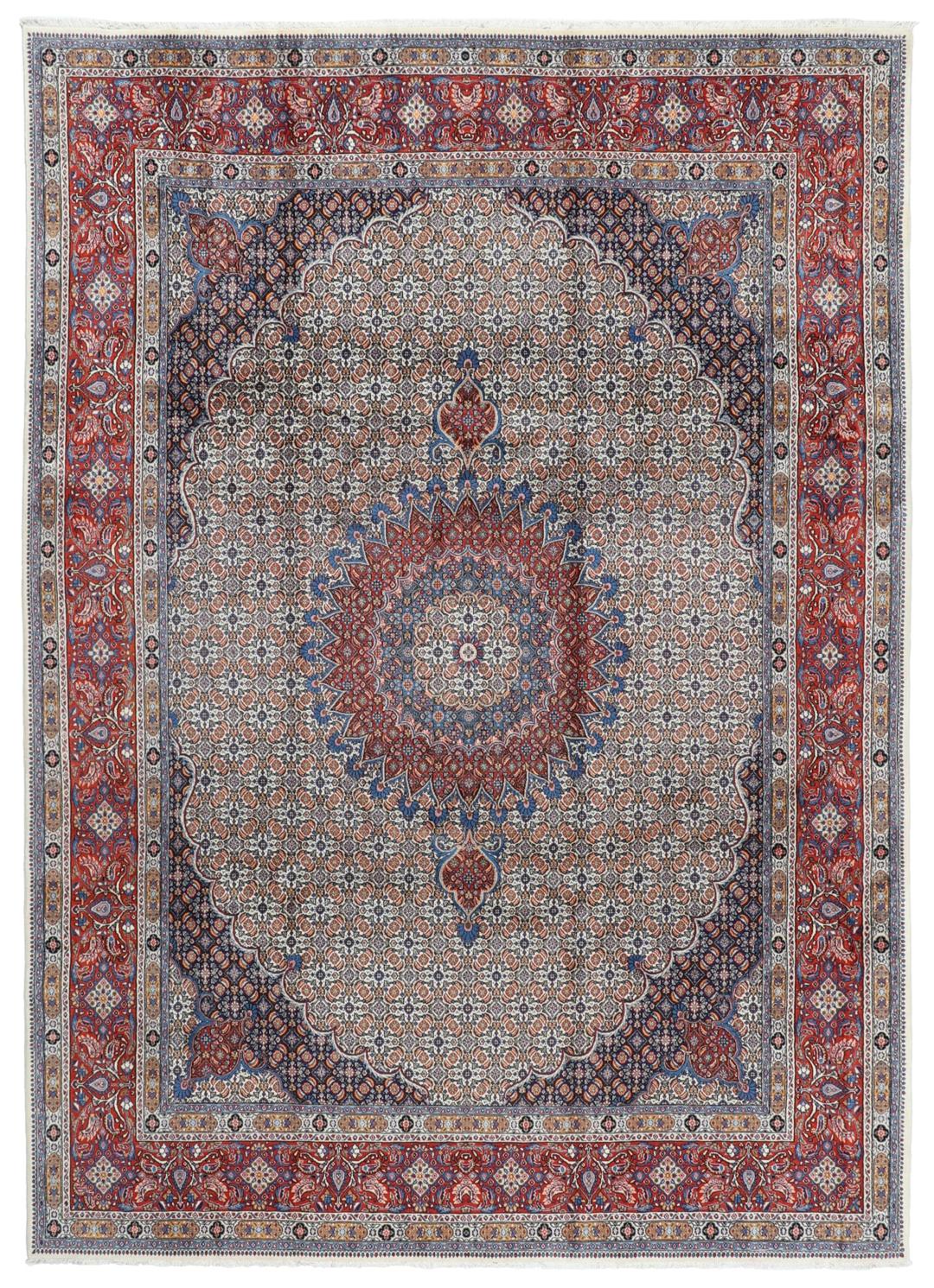 A hand-knotted Moud rug from the Middle East with a detailed medallion in multicolor.