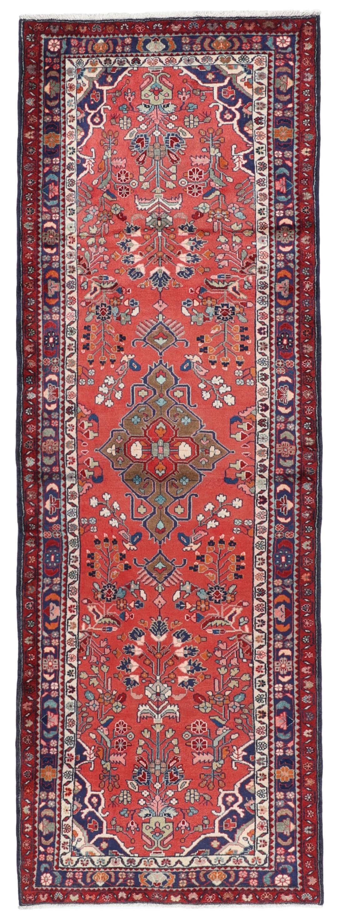 Hand-knotted Hamadan runner rug in red with traditional Middle Eastern geometric patterns.