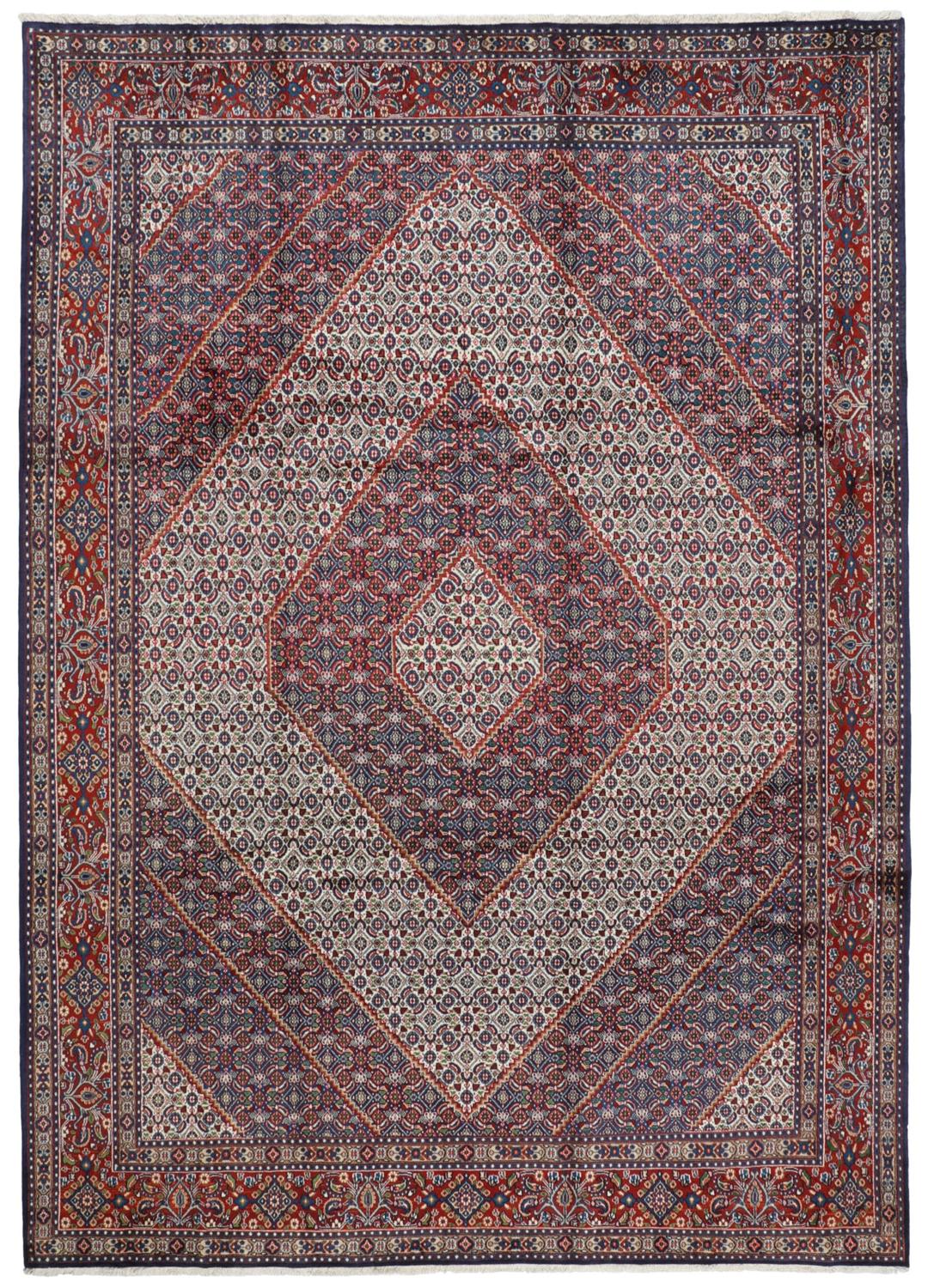 A hand-knotted Moud rug from the Middle East in dark-red and dark-blue tones.