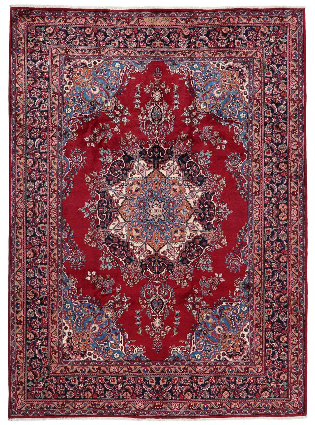 Tapis Mashad noué à la main provenant du Moyen-Orient, de couleur rouge foncé avec un motif floral