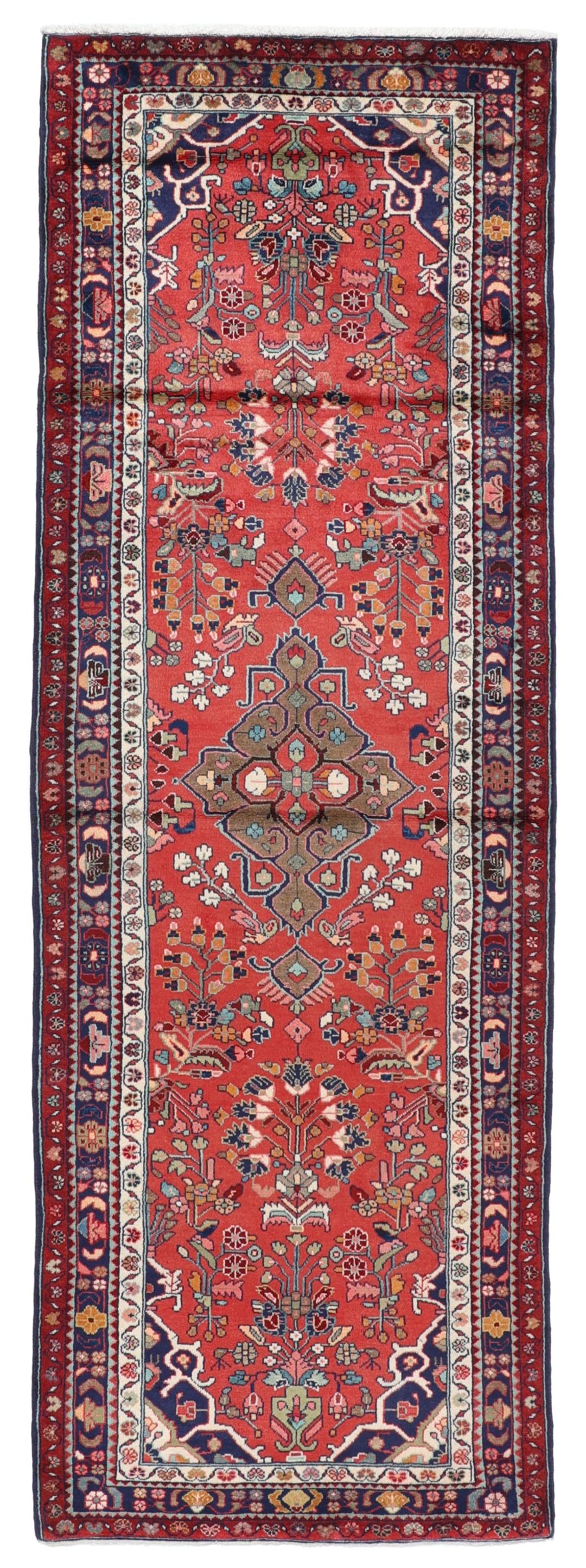 Hand-knotted red Hamadan runner with traditional floral motifs