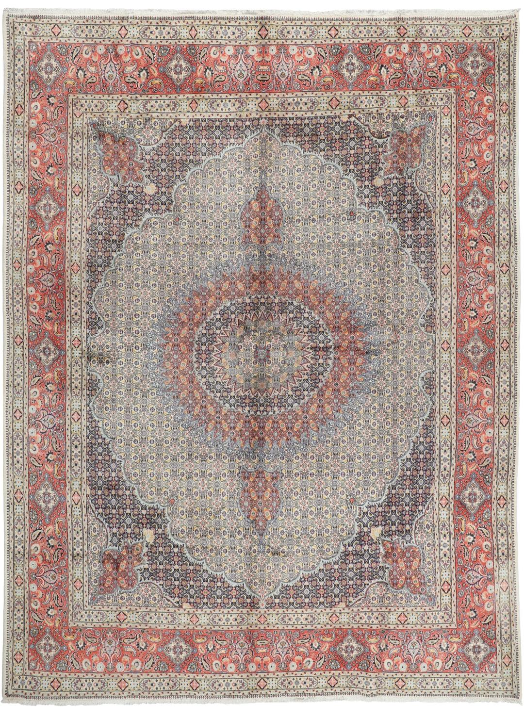 Hand-knotted Moud rug from the Middle East featuring a multicolor floral medallion design.