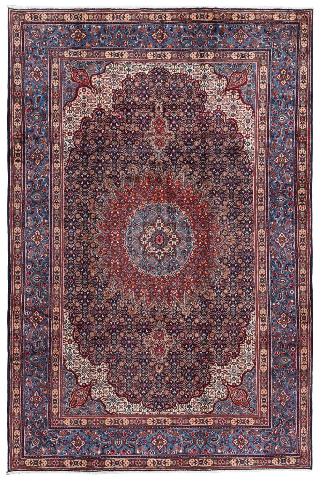 Handgeknoopt Moud-tapijt uit het Midden-Oosten in tinten blauw en rood