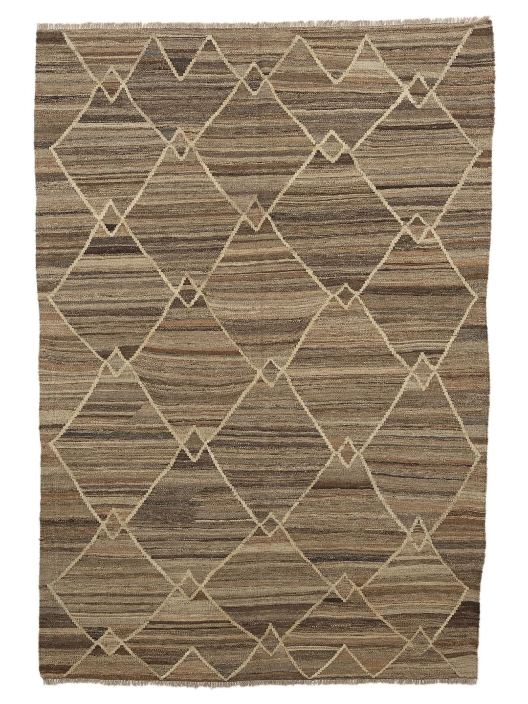 Hand-woven Kilim Ariana rug from Afghanistan with a brown and beige diamond pattern