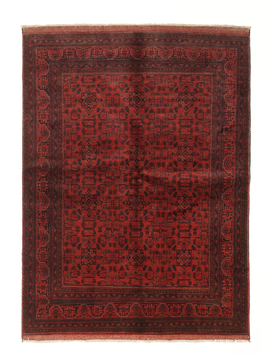 Tapis Afghan Khal Mohammadi noué à la main dans des tons rouge profond avec des motifs géométriques