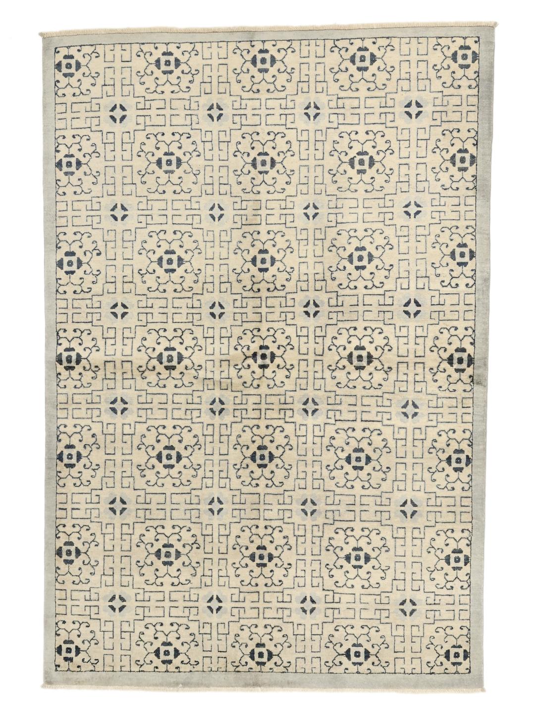 Handgemaakt Afghaans Kazak-tapijt met geometrische patronen in beige en donkerblauw