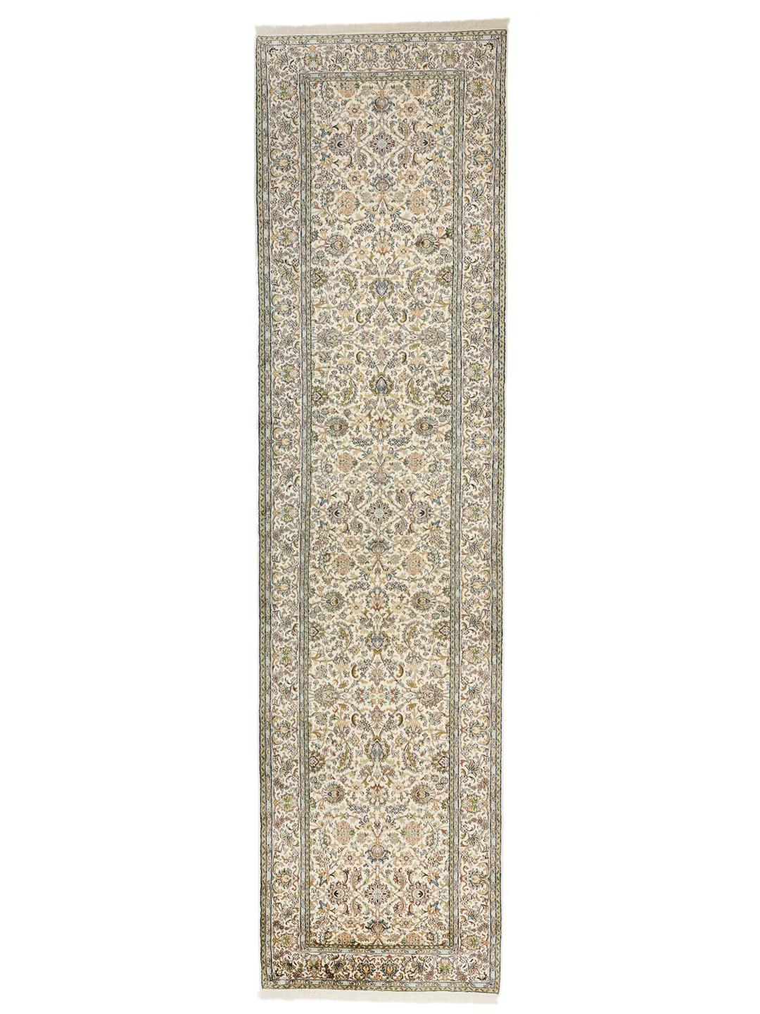 Handgeknoopte Kashmir zijden loper met bloemmotieven in beige, blauwe en groene tinten