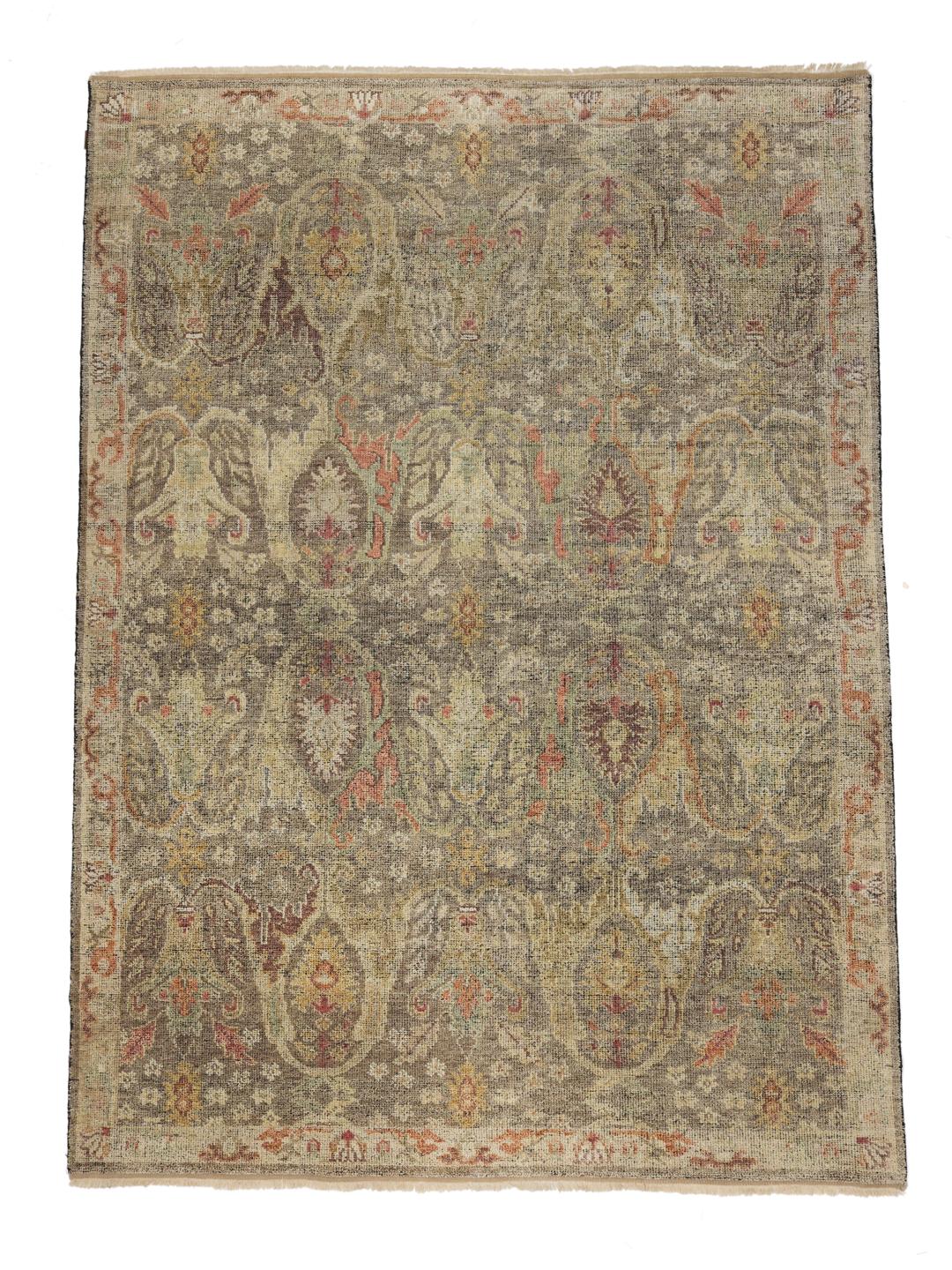 Covor Usak înnodat manual din India cu un model floral gri și multicolor