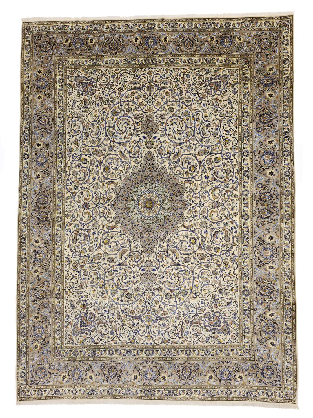 Hand-knotted Keshan rug from the Middle East with an ornate floral pattern in beige and blue tones