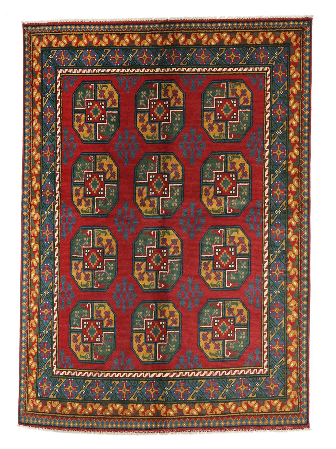 Håndknyttet afghansk tæppe i rødt med traditionelle geometriske motiver