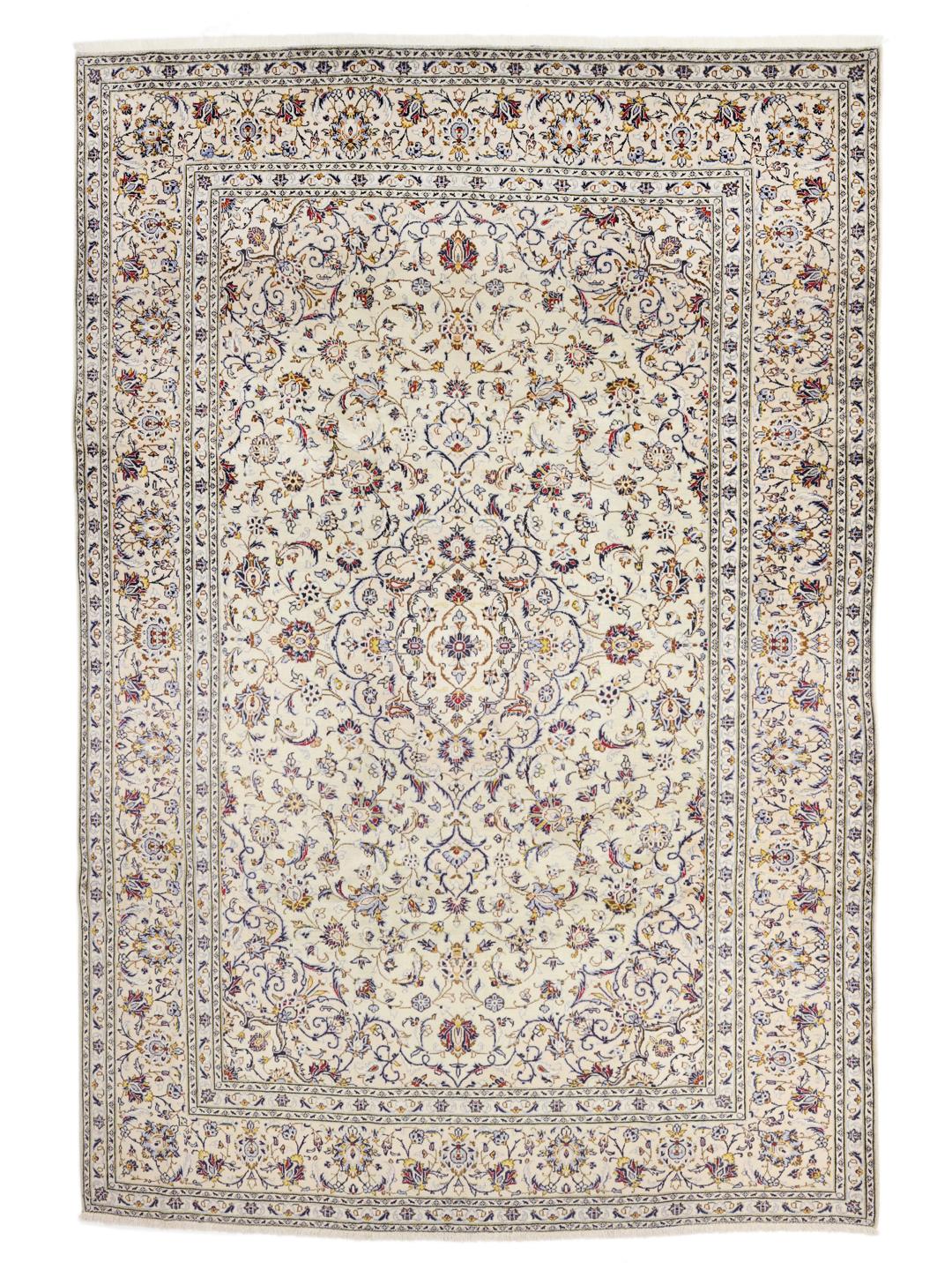 Håndknyttet Keshan-tæppe fra Mellemøsten med et blomstermønster i beige toner