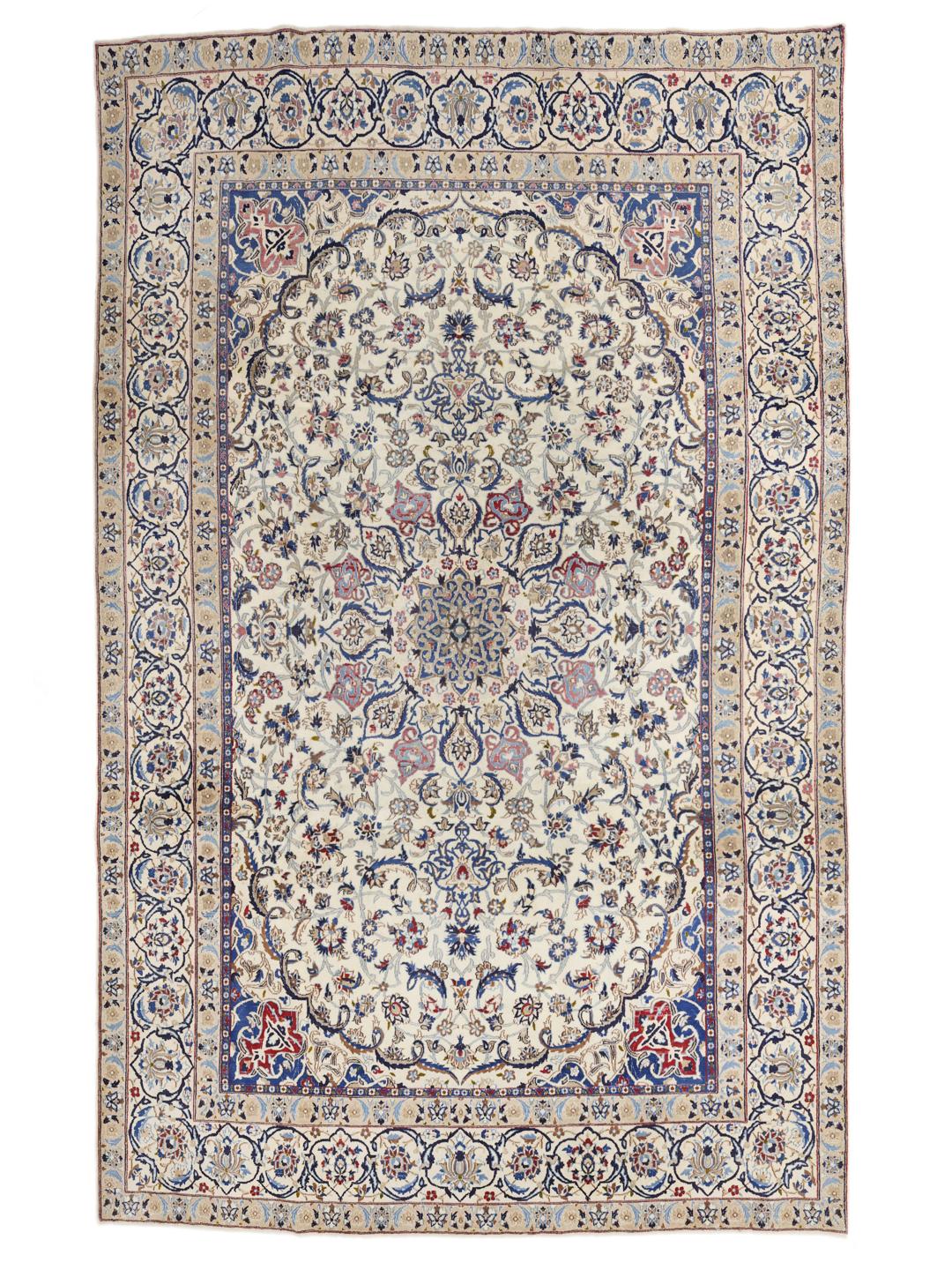 Hand-knotted Middle Eastern rug with intricate floral patterns in beige and blue