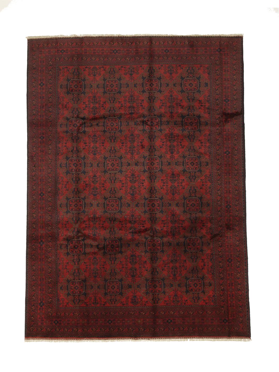 Hand-knotted Afghan Khal Mohammadi rug with a deep red field and geometric motifs