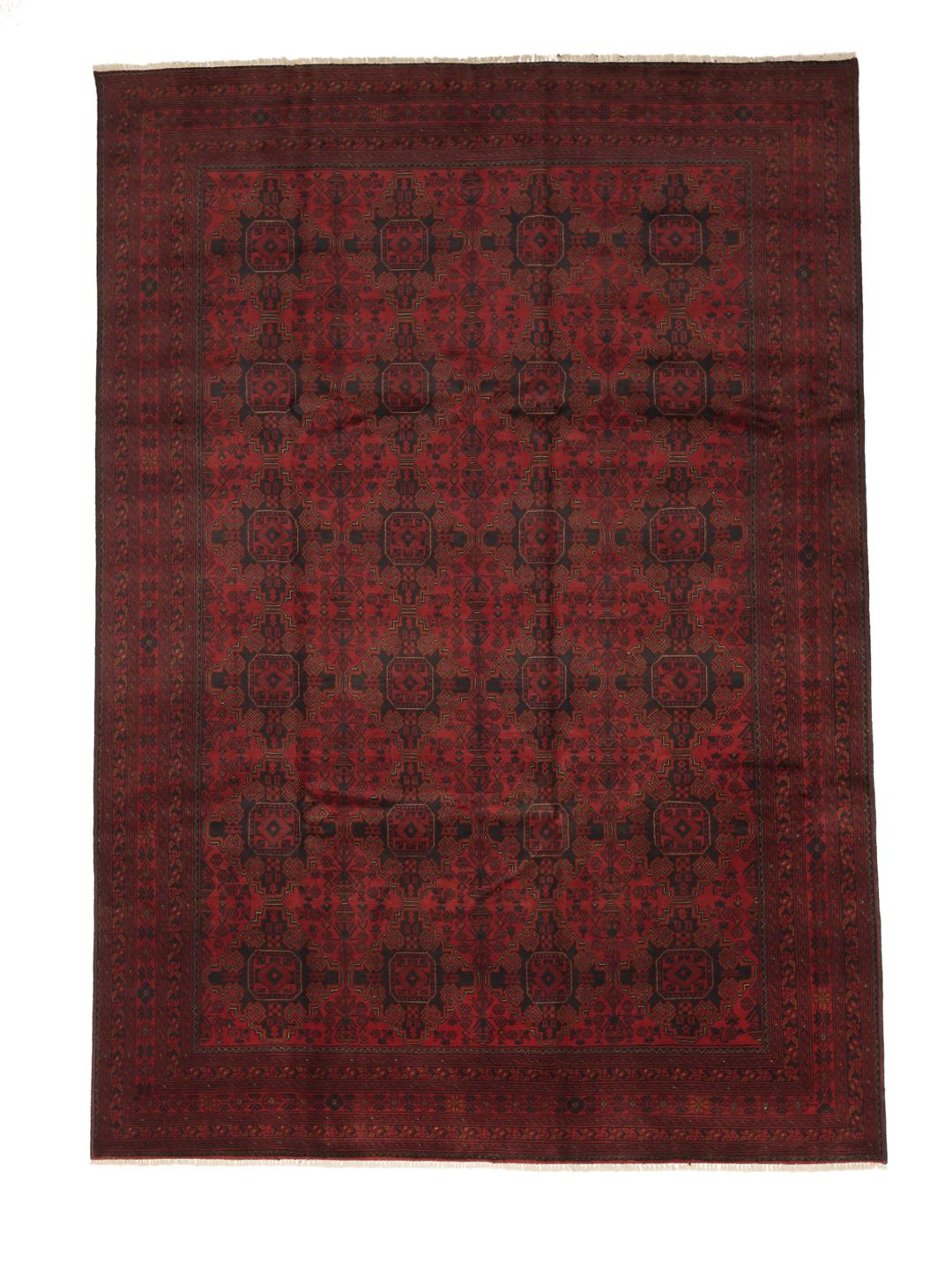 Hand-knotted Afghan Khal Mohammadi rug with a deep red field and dark geometric motifs