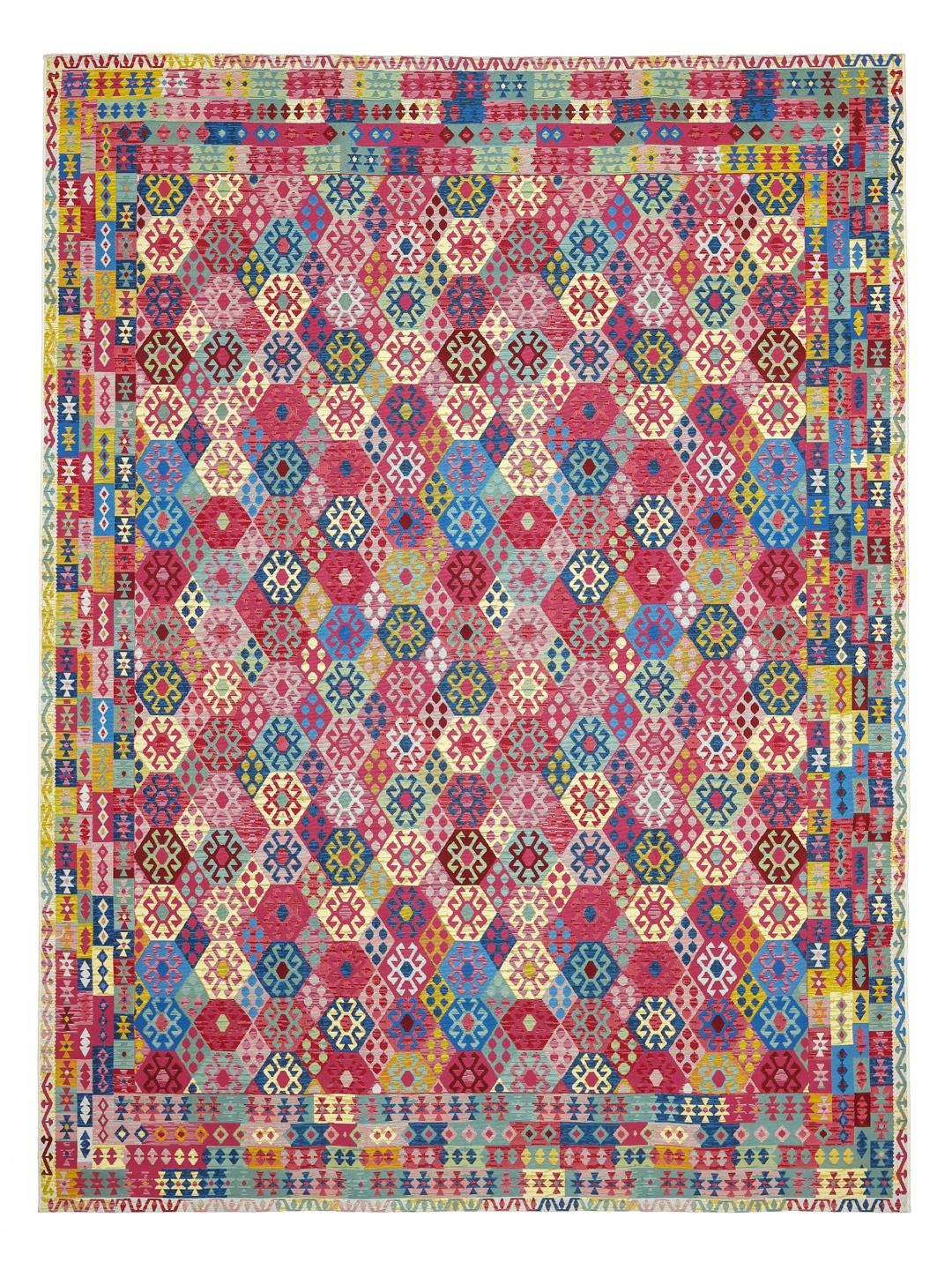 Multicolour vloerkleed met een geometrisch Kilim patroon.