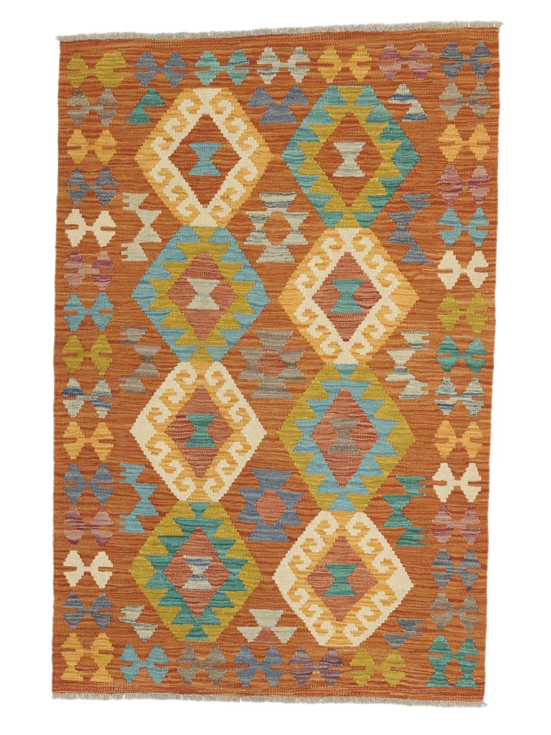 Tappeto Kelim afghano tessuto a mano con motivo geometrico nei toni vibranti dell'arancione e multicolore.
