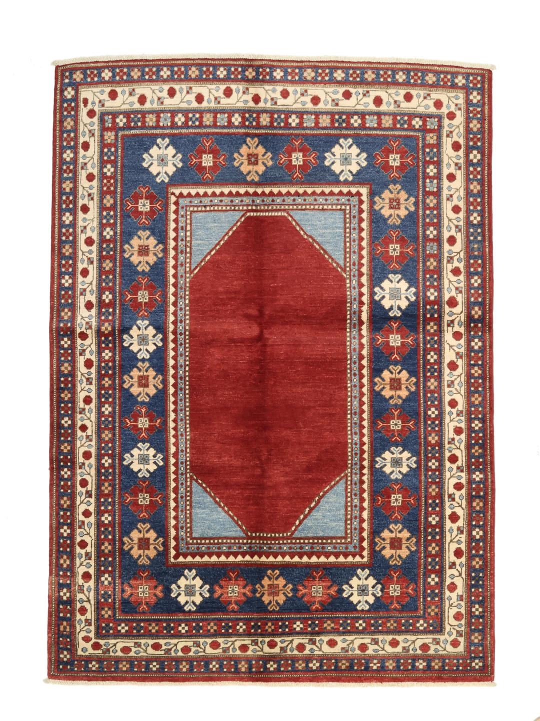 Handgeknüpfter Kazak-Teppich aus Afghanistan in tiefroten und blauen Tönen