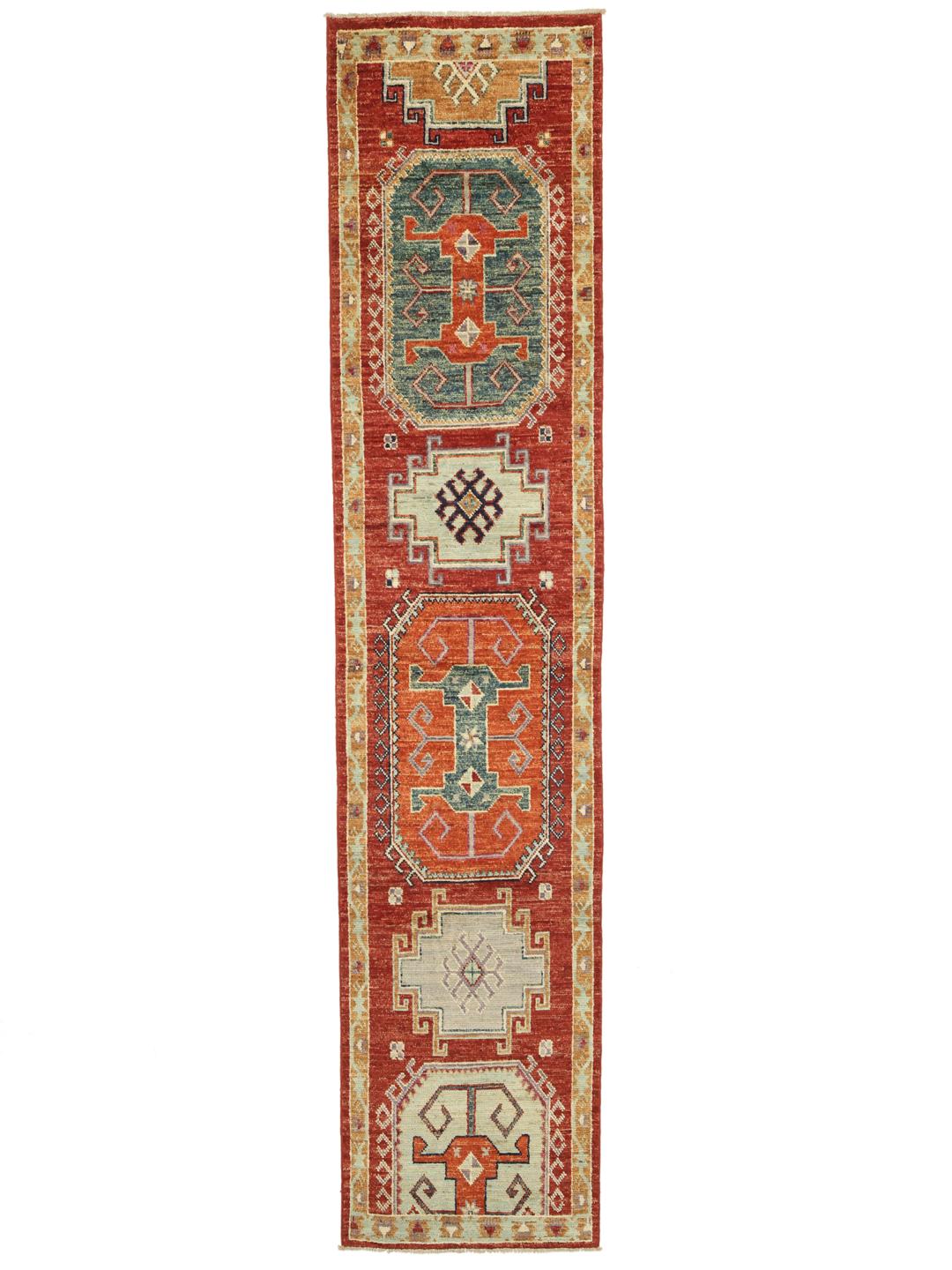 Handgeknoopte Afghaanse Kazak loper in rood met geometrische medaillonpatronen