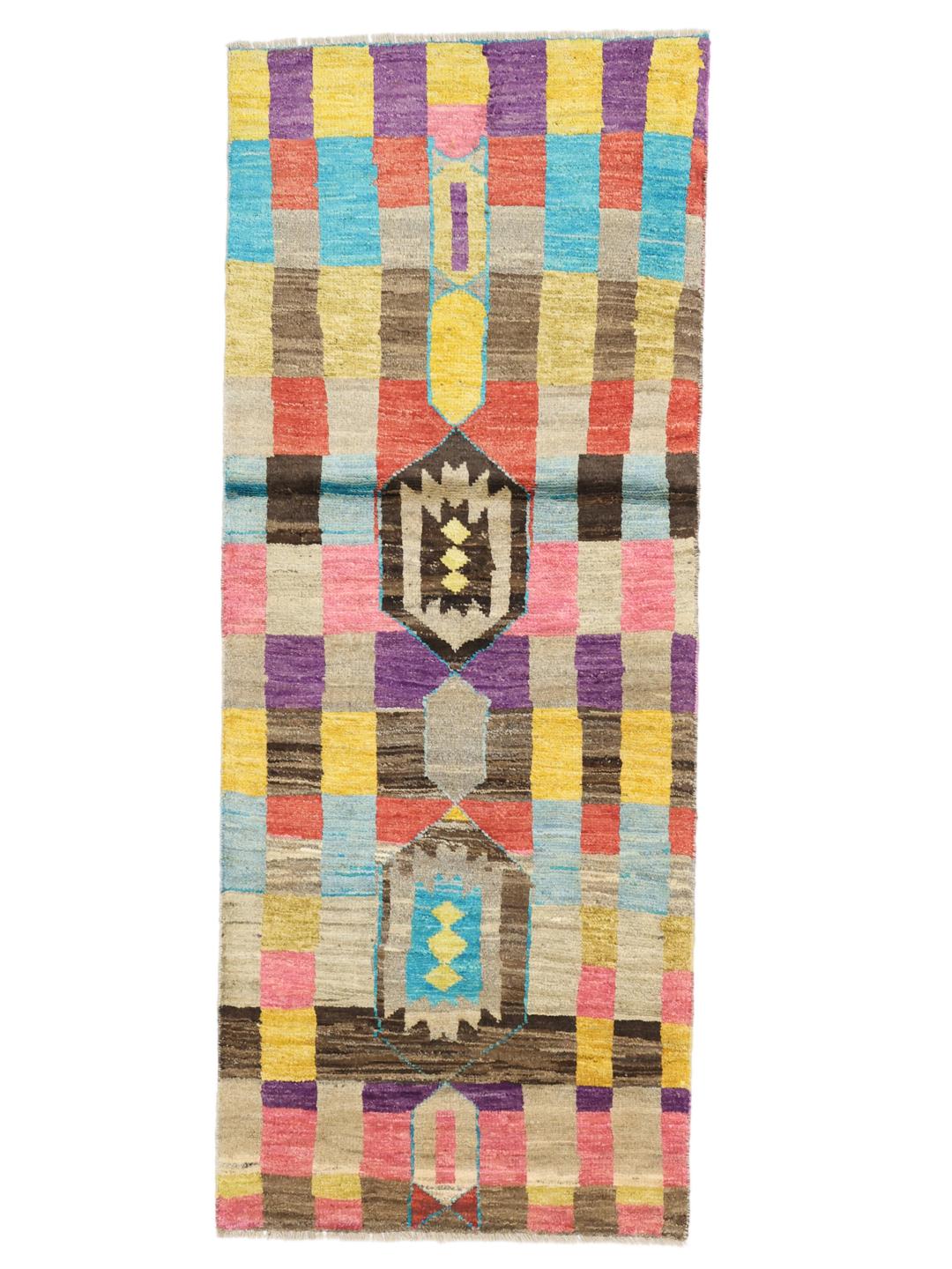 Handgeknoopte Afghaanse loper met een levendig veelkleurig geometrisch patroon