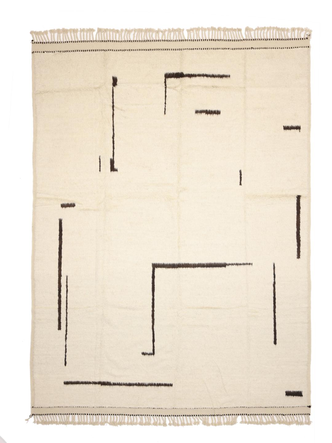 Tapis afghan noué à la main avec un motif géométrique minimaliste en beige et noir.