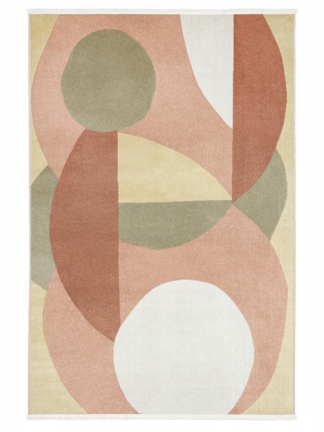 Multicolor vloerkleed met pastelgeometrische vormen en franjes