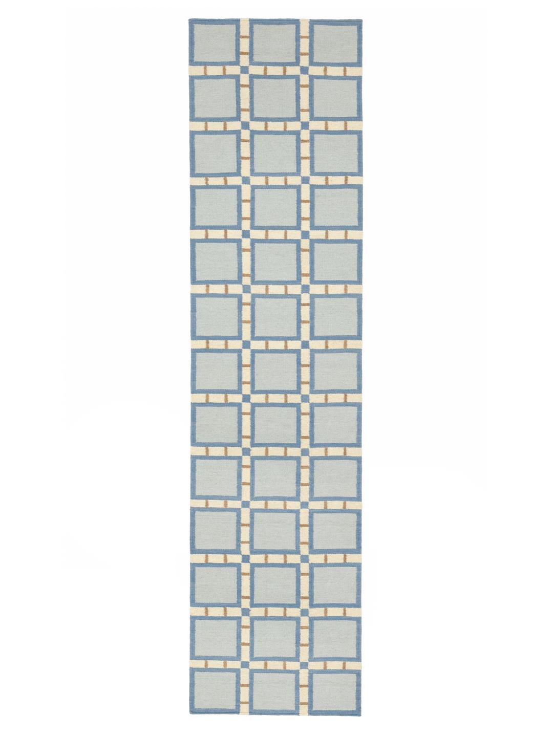 Handgeweven blauwe loper met een geometrisch rasterpatroon