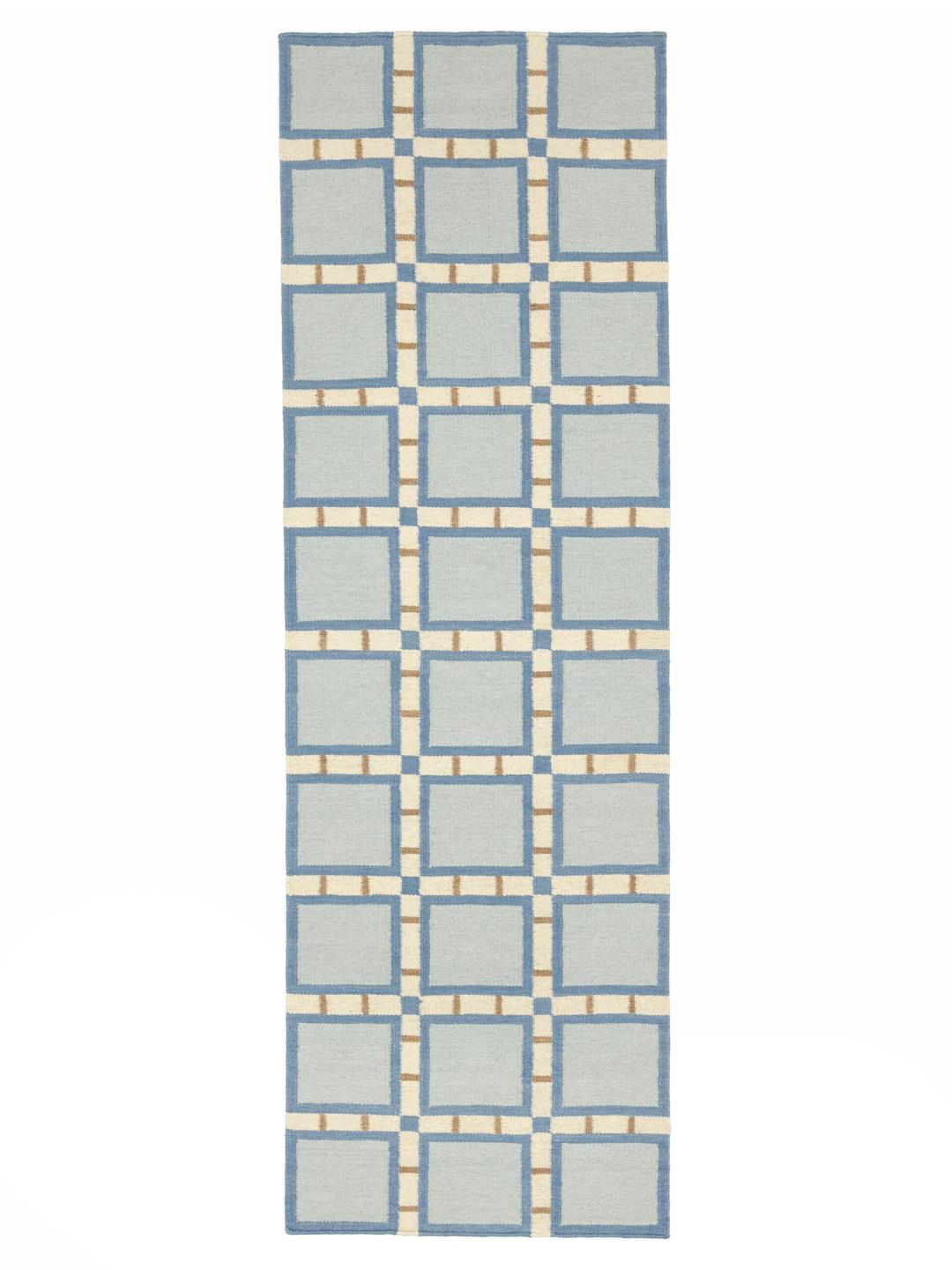 Handgeweven blauwe loper met een geometrisch rasterpatroon