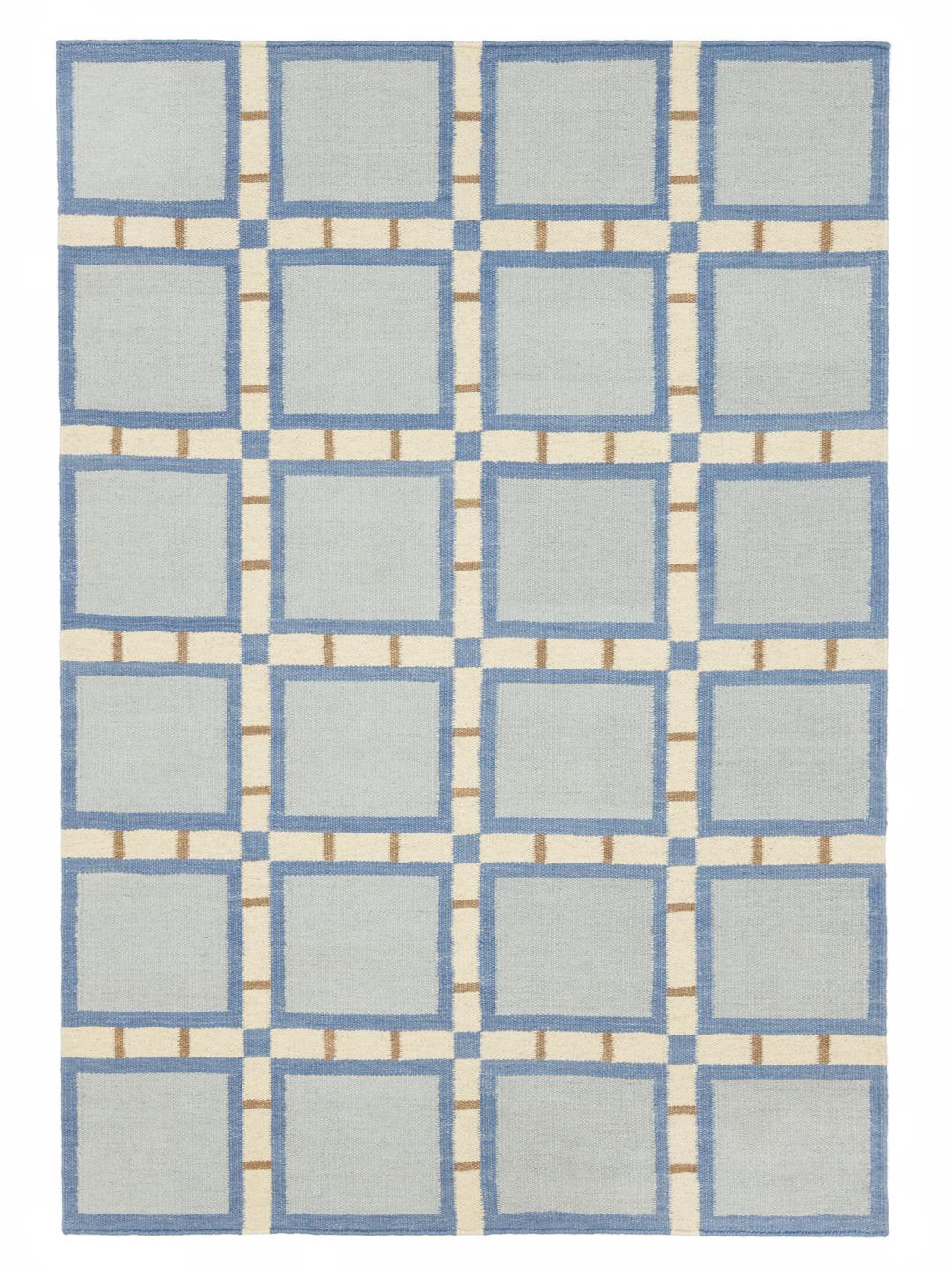 Un tapis rectangulaire en Wool avec un motif géométrique en grille bleu, beige et blanc.