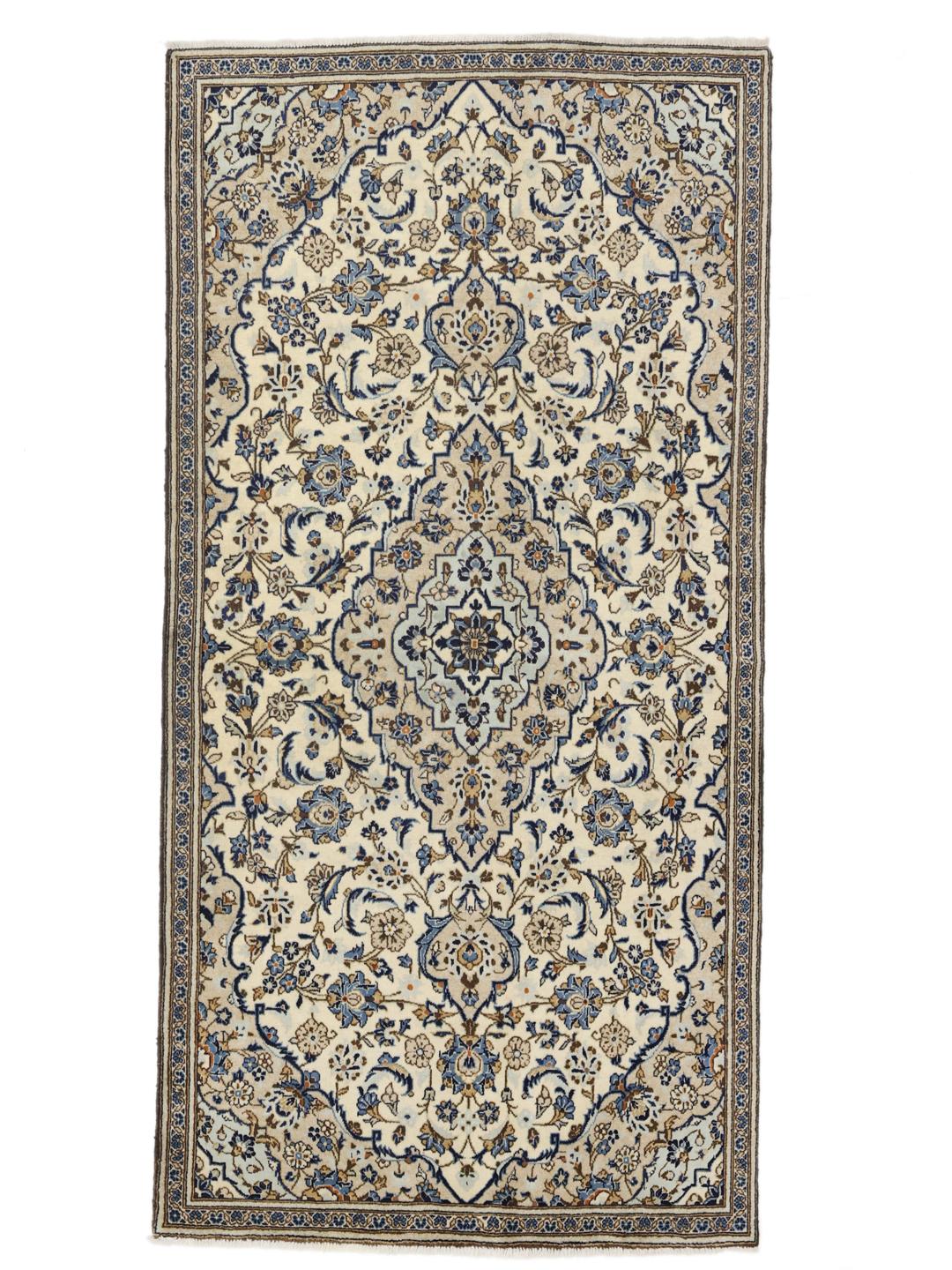 Handgeknoopt Keshan-tapijt met een bloemenmedaillon in beige en blauw uit het Midden-Oosten