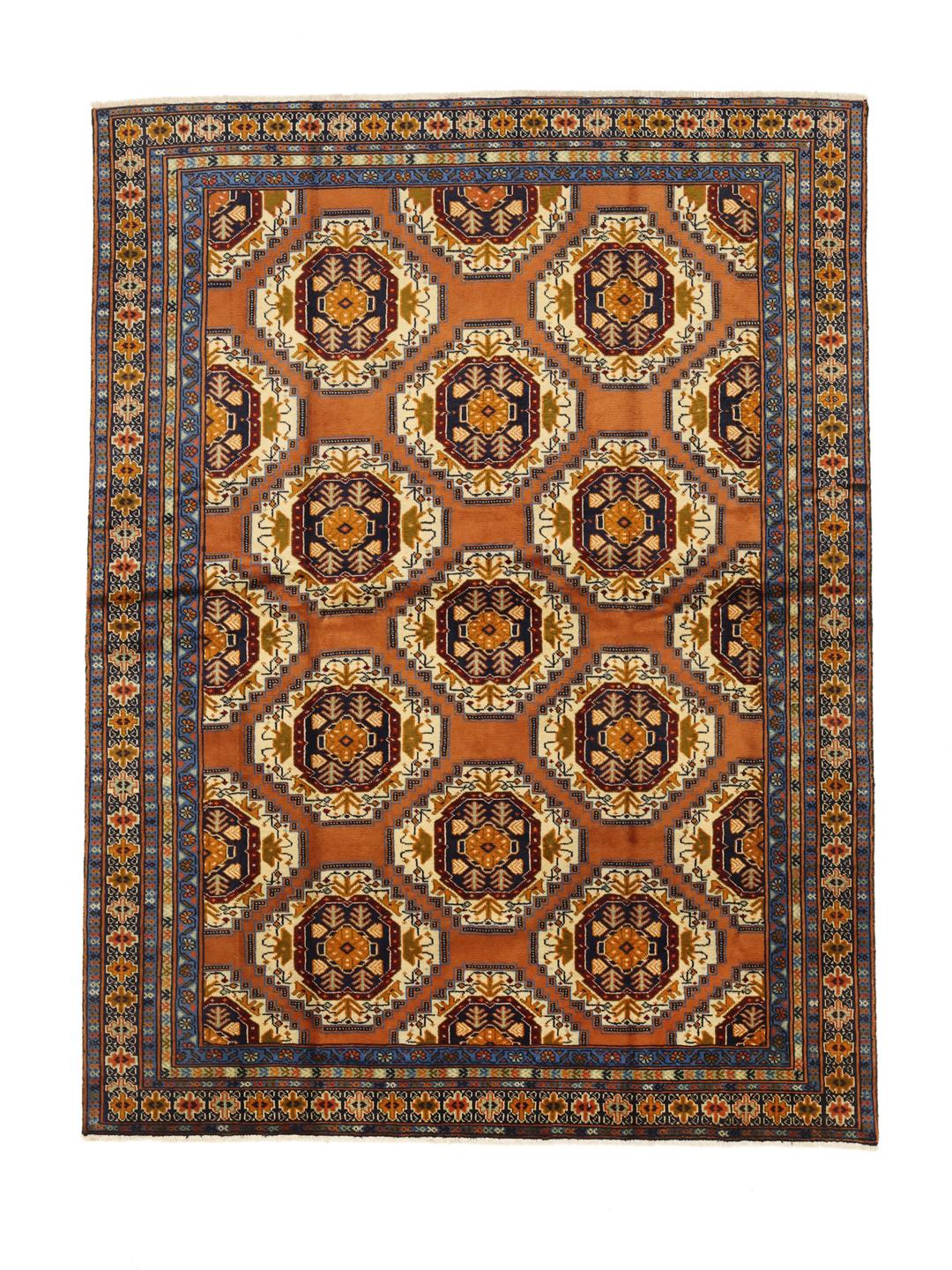 Hand-knotted Middle Eastern Turkaman rug in brown with geometric medallions