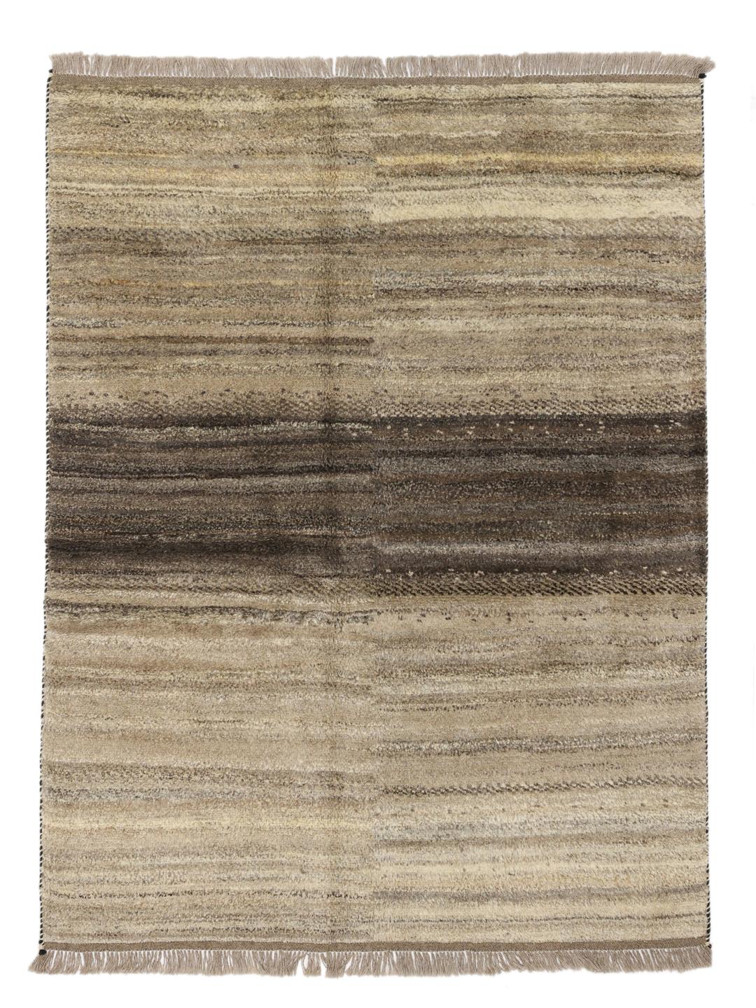 Hand-knotted Gabbeh rug with earthy brown and beige striped pattern from the Middle East.