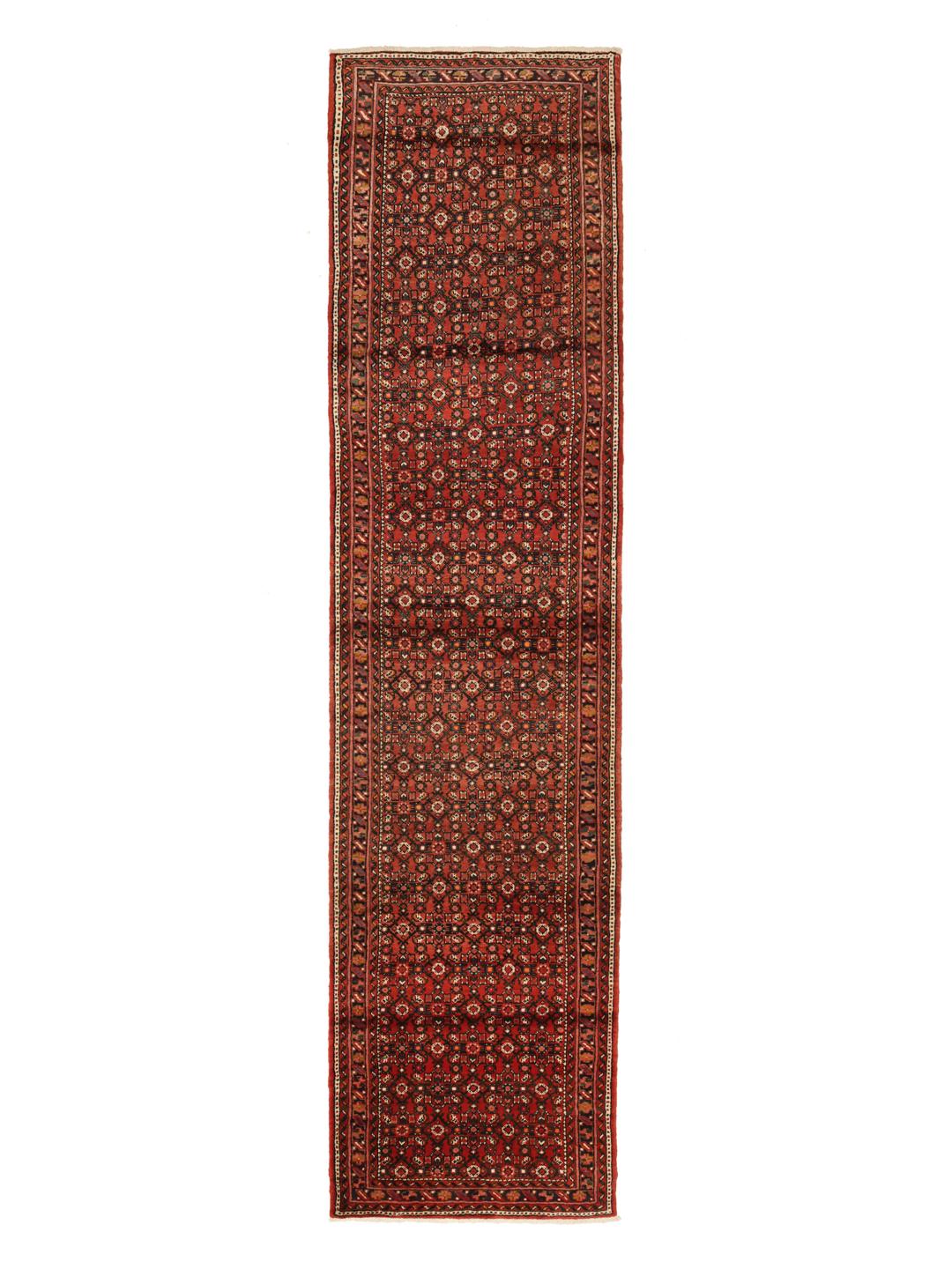 Hand-knotted Hosseinabad runner from the Middle East in deep red tones