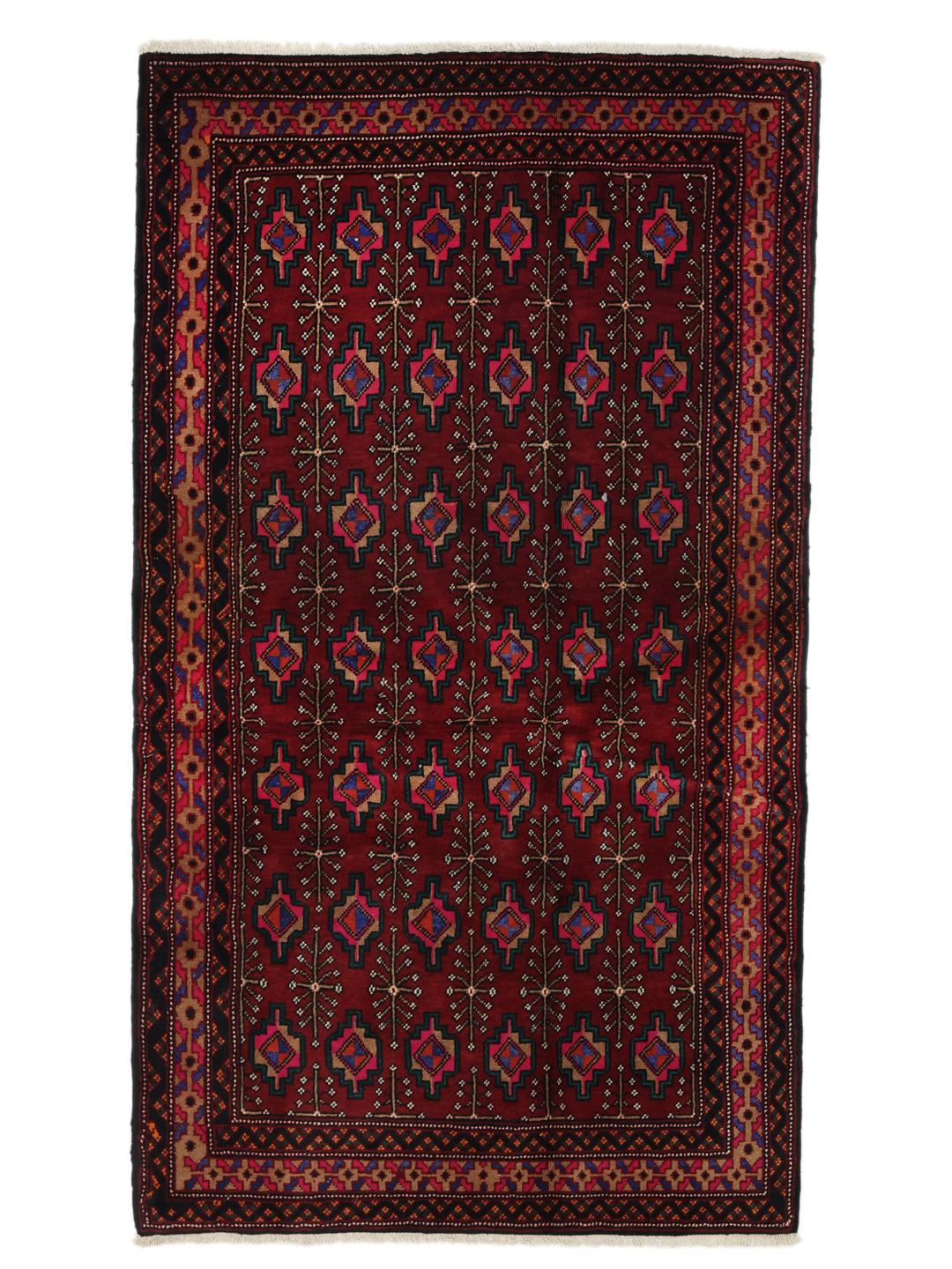 Handgeknoopt Turkaman-tapijt uit het Midden-Oosten in donkerrood met geometrische motieven
