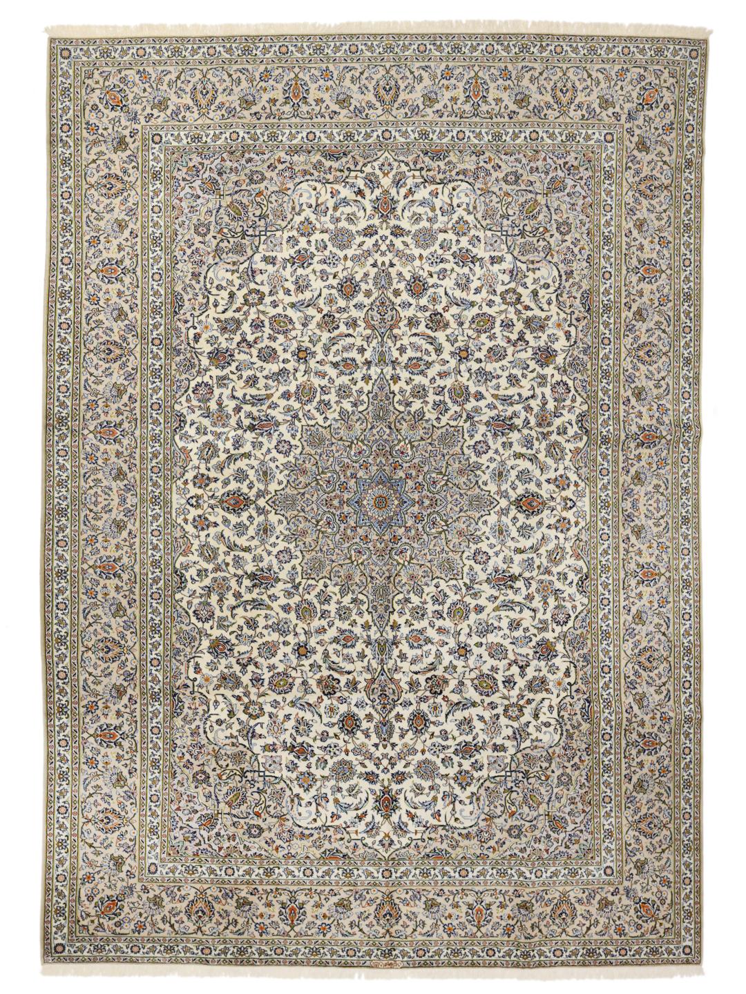 Hand-knotted Keshan rug from the Middle East featuring a floral medallion on a beige field