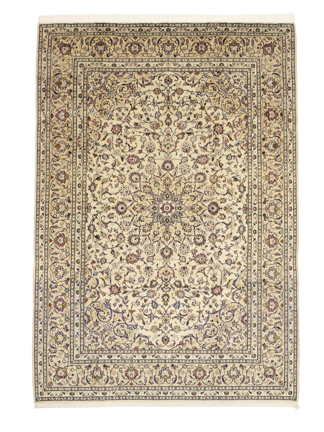 Hand-knotted Keshan rug from the Middle East in beige with intricate floral motifs