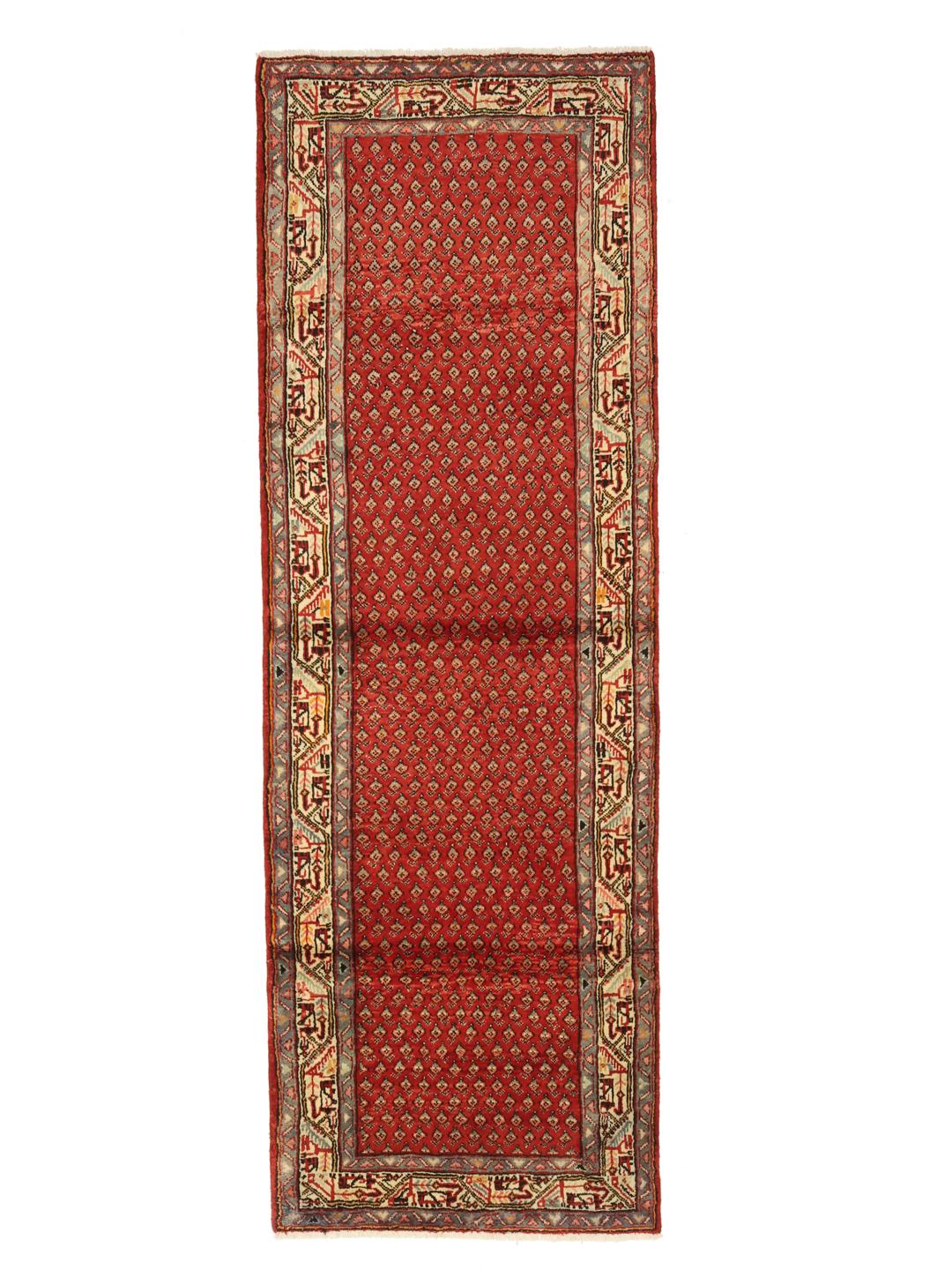 A hand-knotted red Hamadan runner with traditional geometric patterns from the Middle East