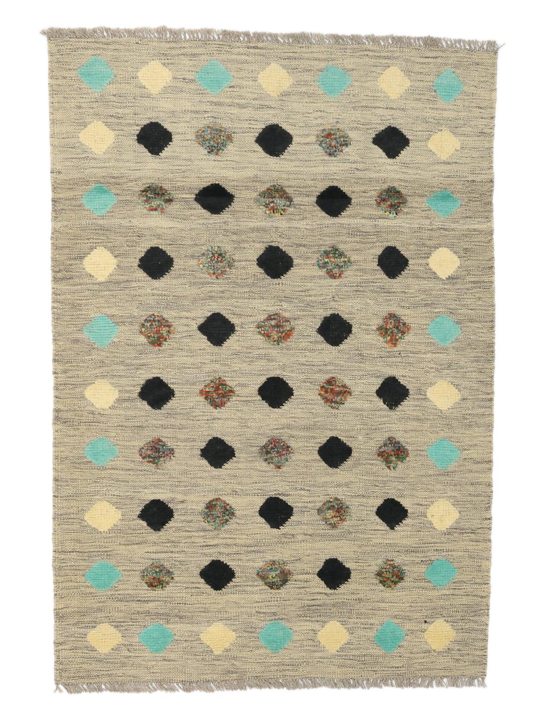 Håndvævet afghansk Kilim tæppe med en beige flade og farverige geometriske motiver