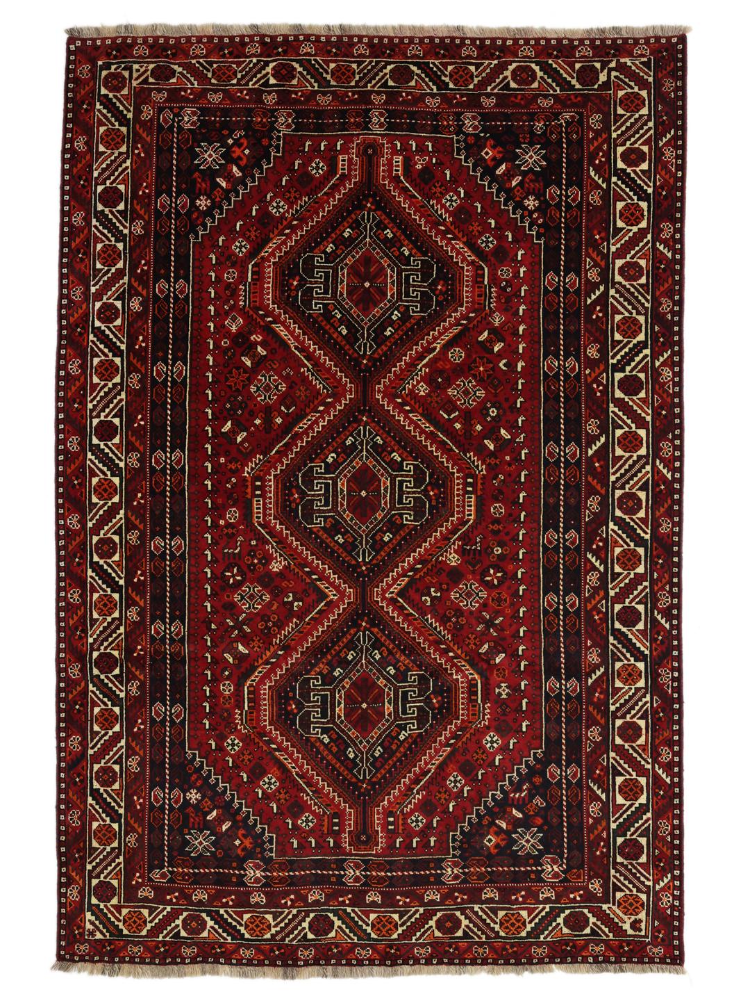 Hand-knotted Shiraz rug from the Middle East in deep red tones