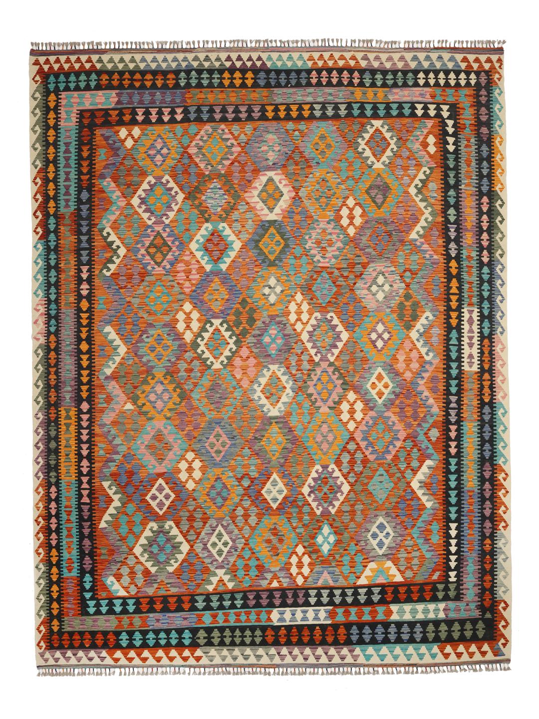 Een groot rechthoekig Kelim Afghan Old Style tapijt met levendige, veelkleurige geometrische ruitpatronen
