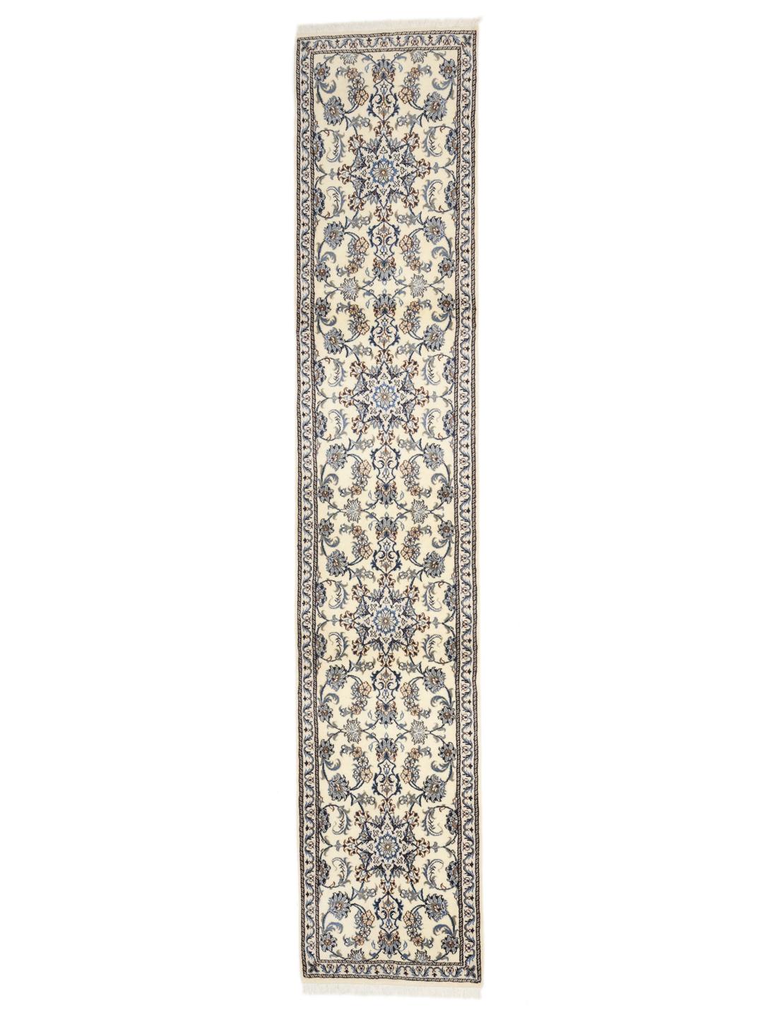 Handgeknoopte Nain loper met bloemmotieven in beige en blauw uit het Midden-Oosten