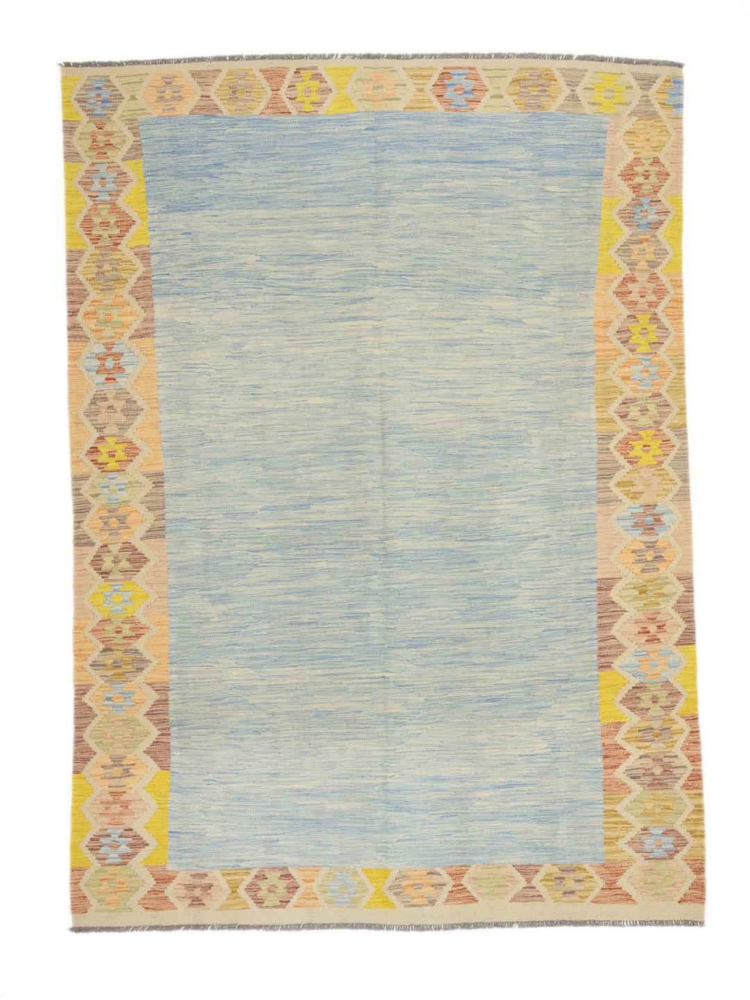 Handgeweven Afghan Kelim kleed met een centraal blauw veld en kleurrijke geometrische randen