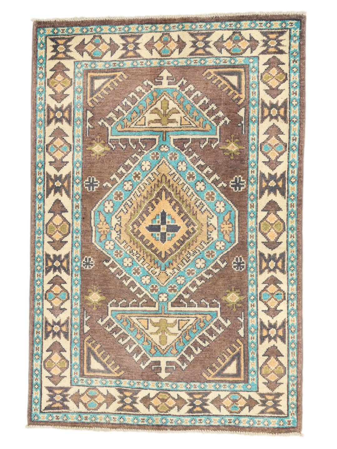 Alfombra Kazak anudada a mano de Afganistán en tonos marrón y azul