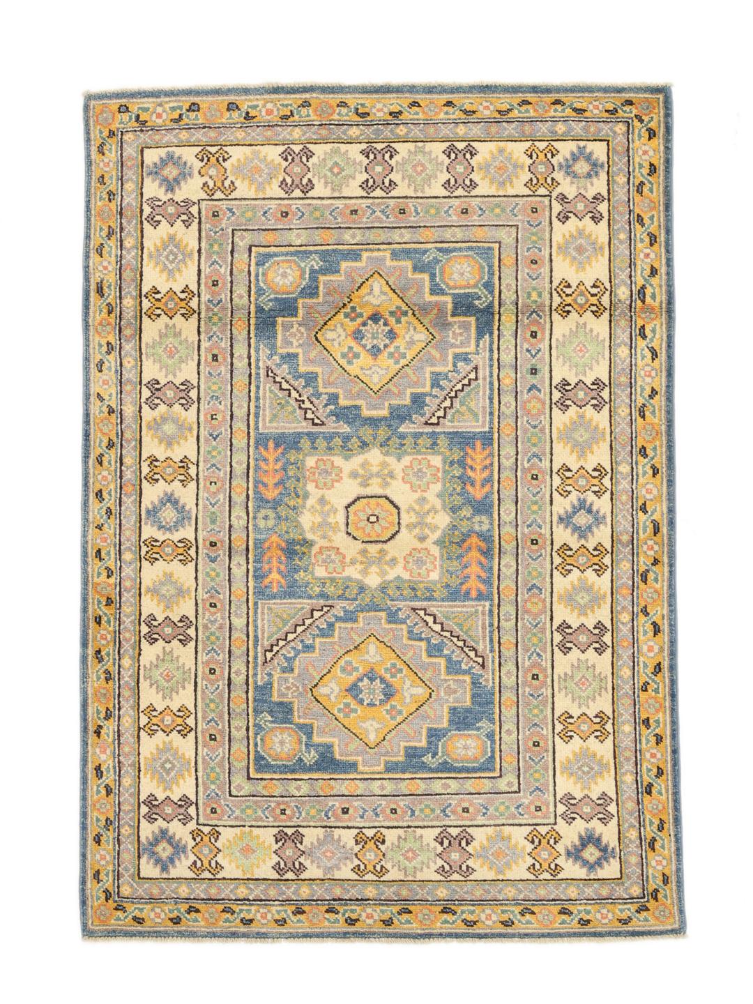 Handgeknoopt Kazak-tapijt uit Afghanistan met blauwe en beige geometrische patronen