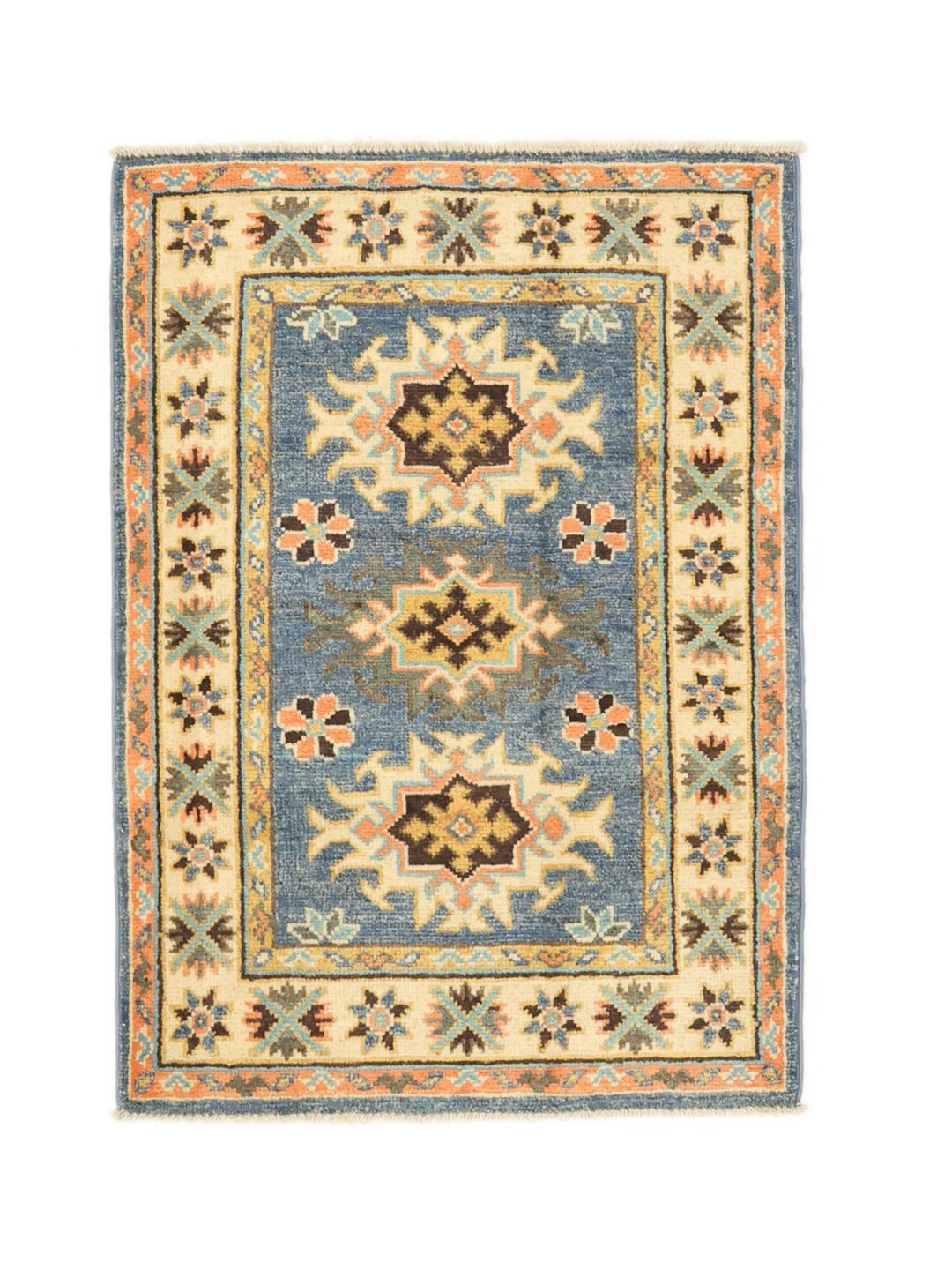 Handgeknoopt Afghaans Kazak-tapijt met blauw veld en geometrische motieven