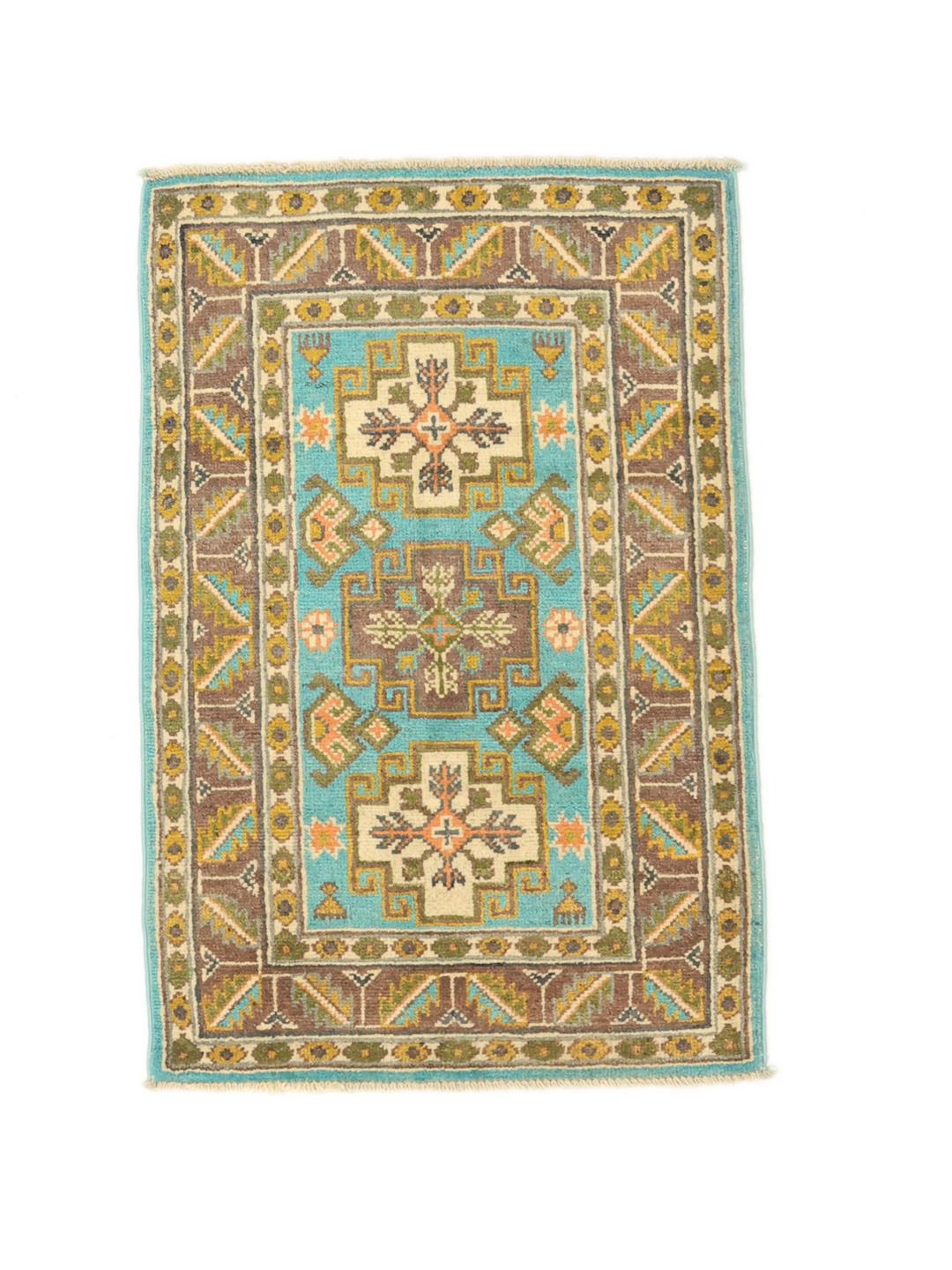 Handgeknoopt Afghaans Kazak-tapijt met blauwe, bruine en okerkleurige geometrische patronen.