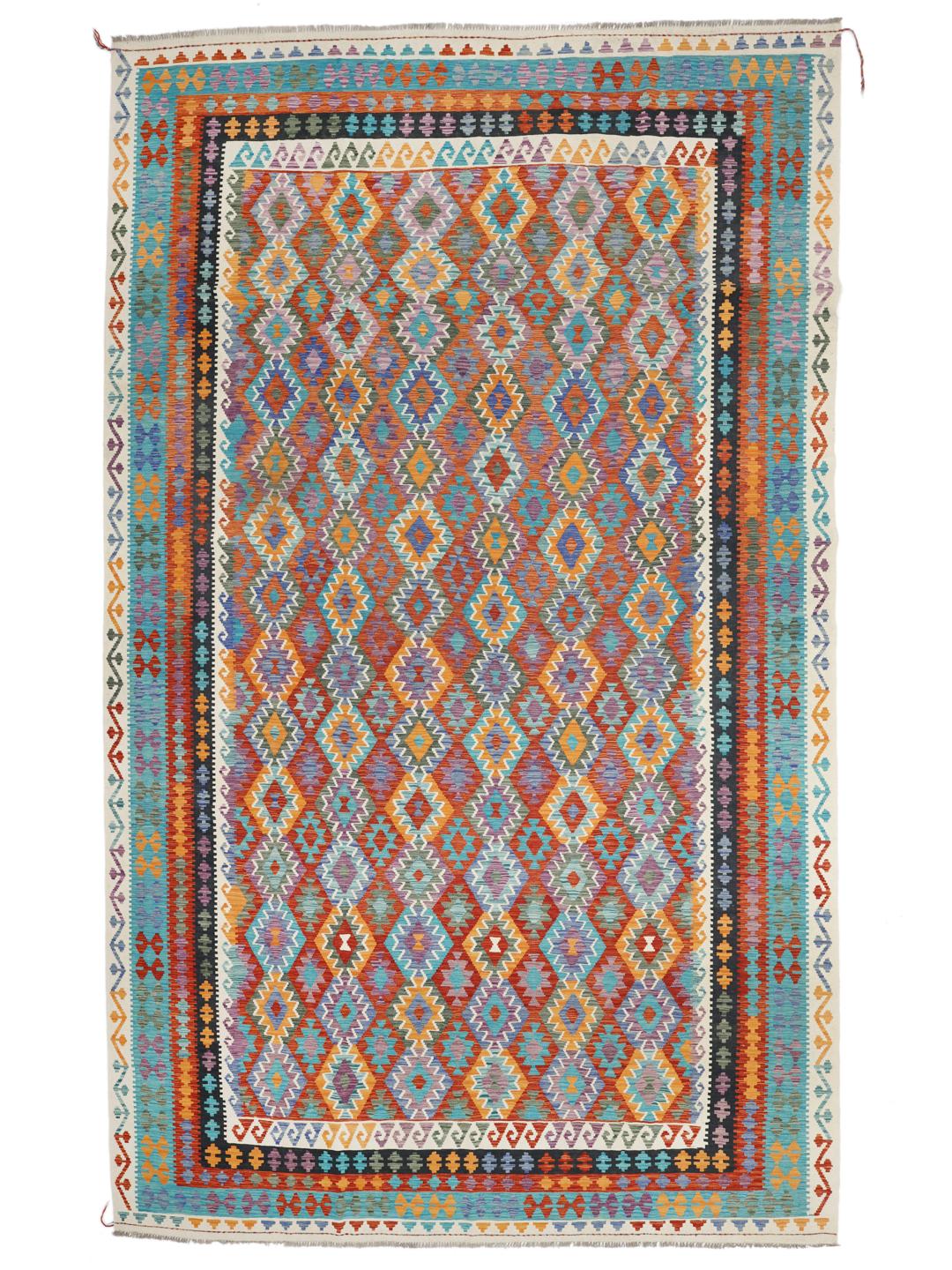 Hand-woven Afghan Kelim rug with a vibrant multicolor diamond pattern