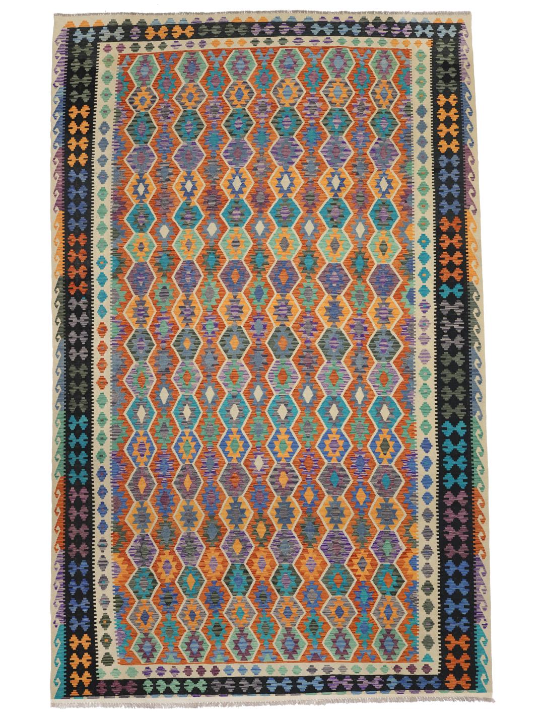 A large rectangular hand-woven Afghan Kelim rug featuring a vibrant multicolor geometric diamond pattern.
