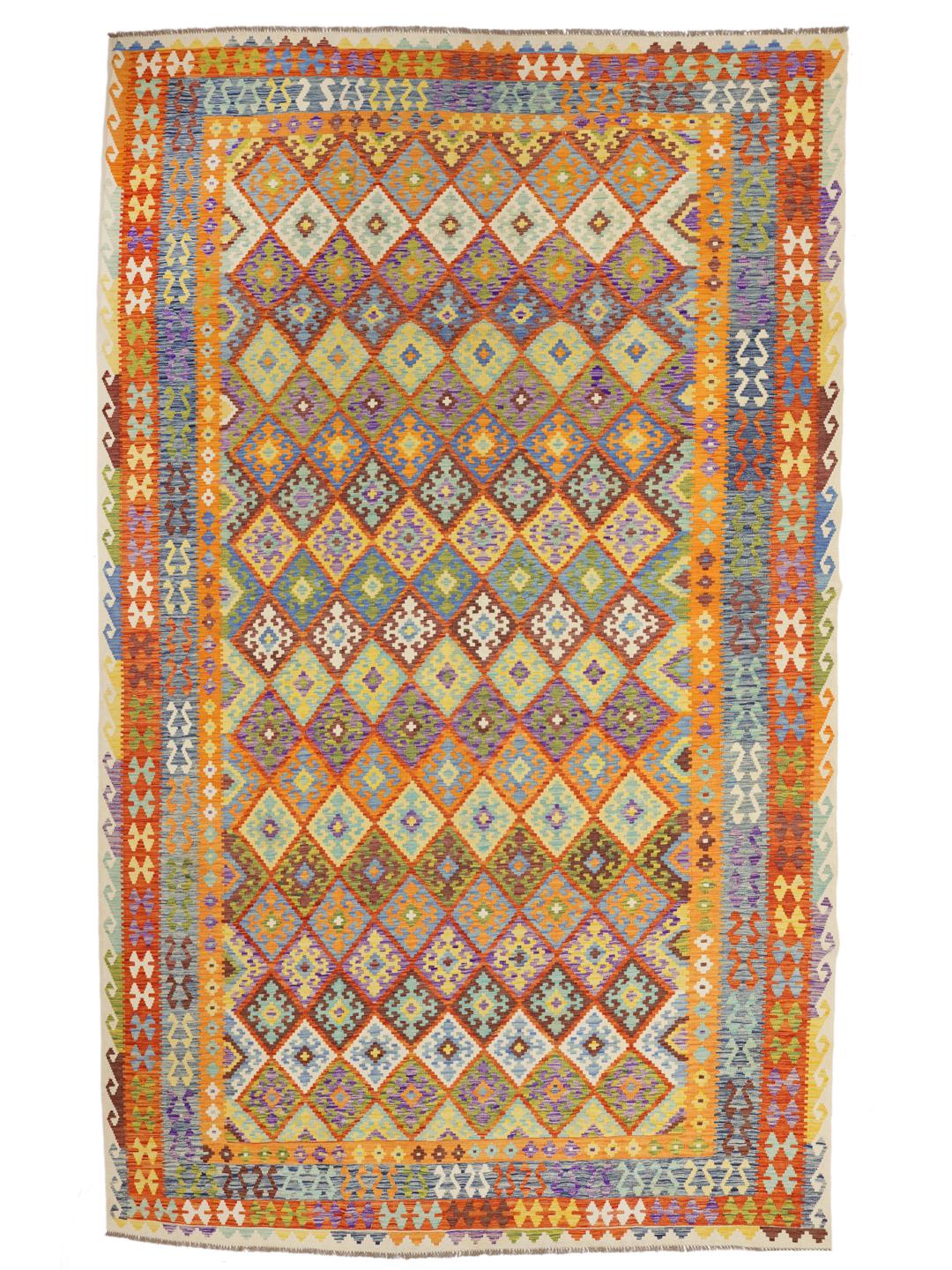 A large, rectangular hand-woven Afghan Kelim rug featuring a vibrant, multi-coloured diamond pattern.